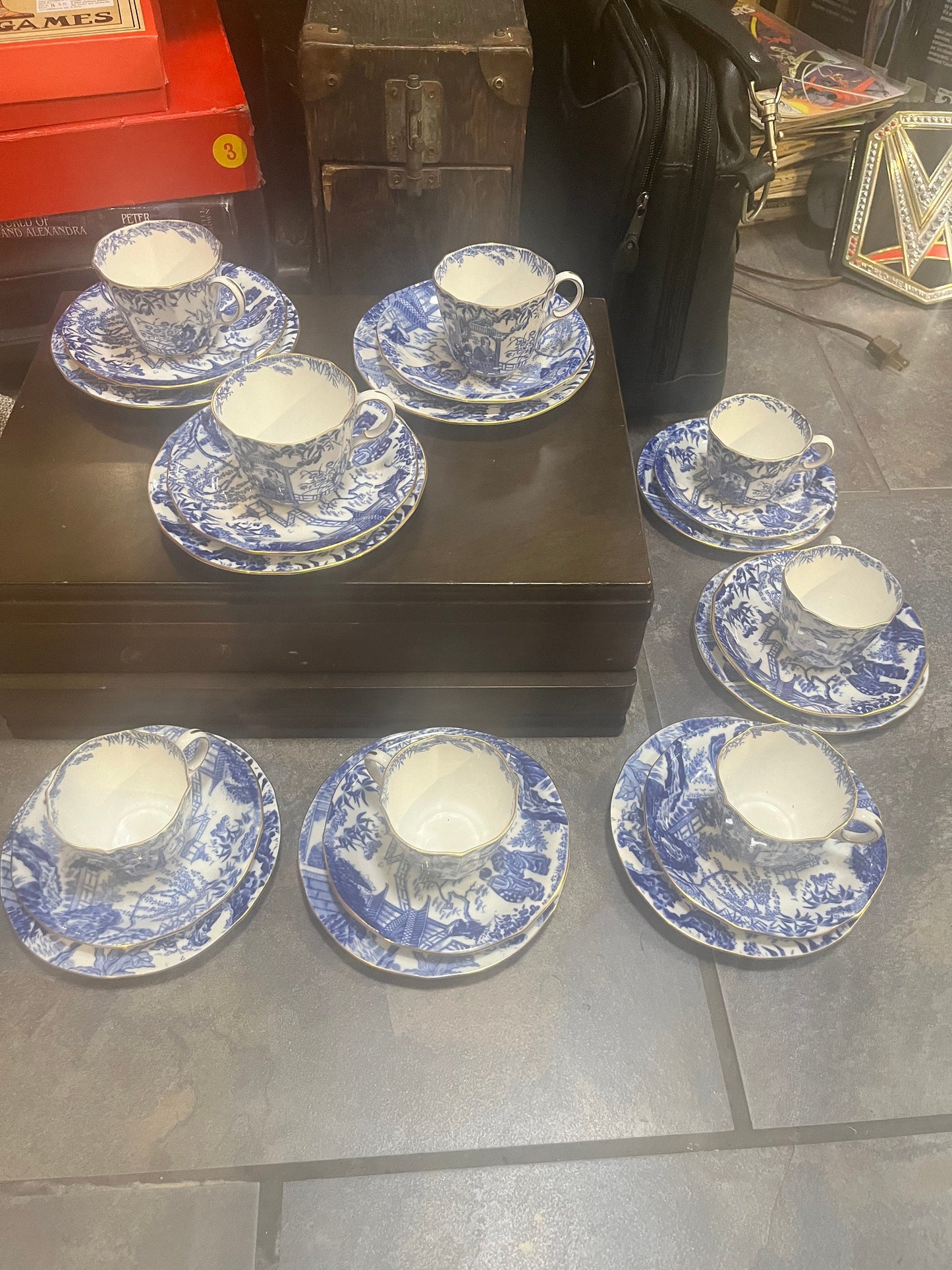 Eight English Royal Crown Derby mikado cups and saucers and side plates   one lot  all mint  great value