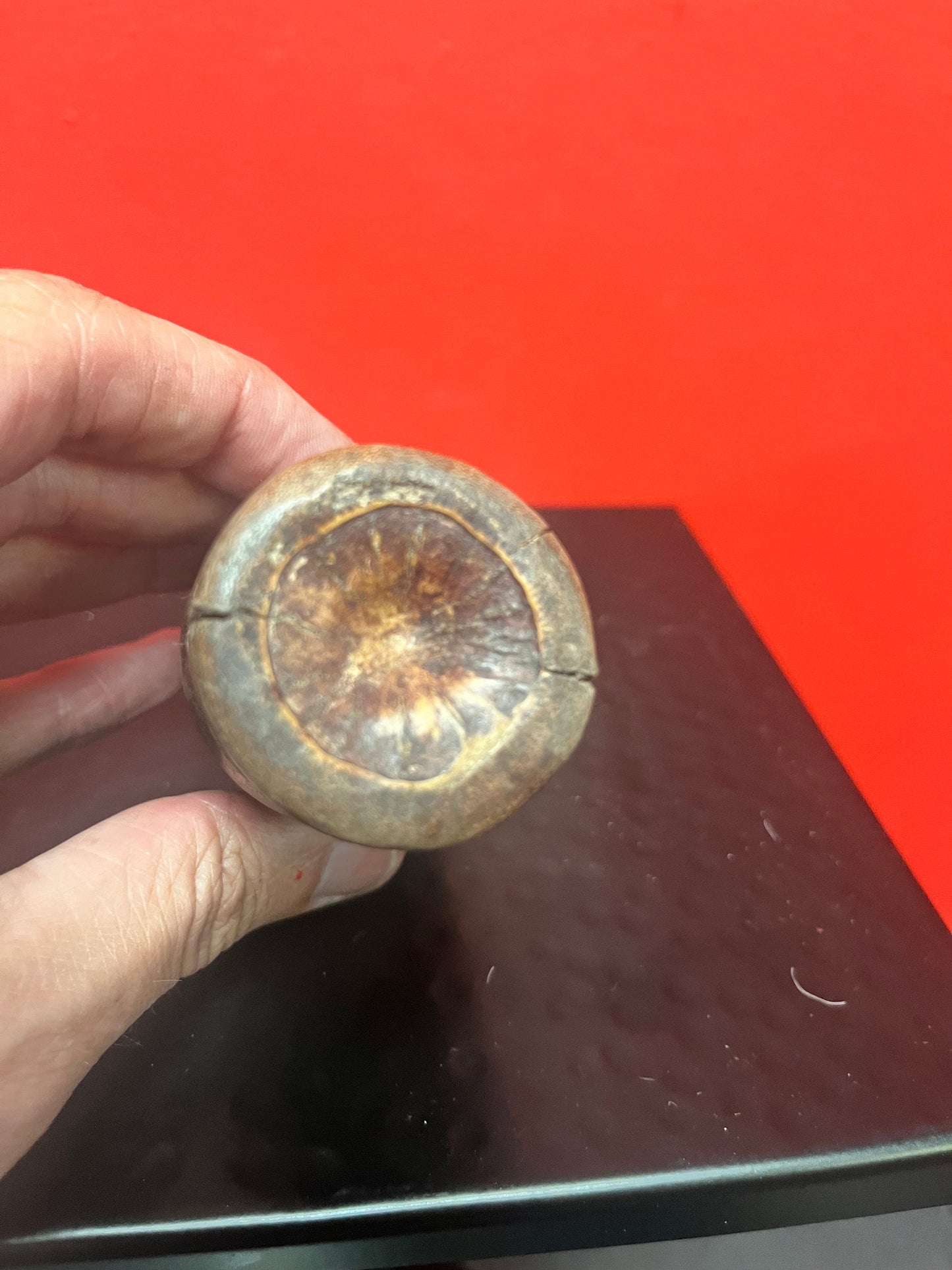 Lovely antique wooden cylinder box  - Very very old but a mystery piece 4 inches tall