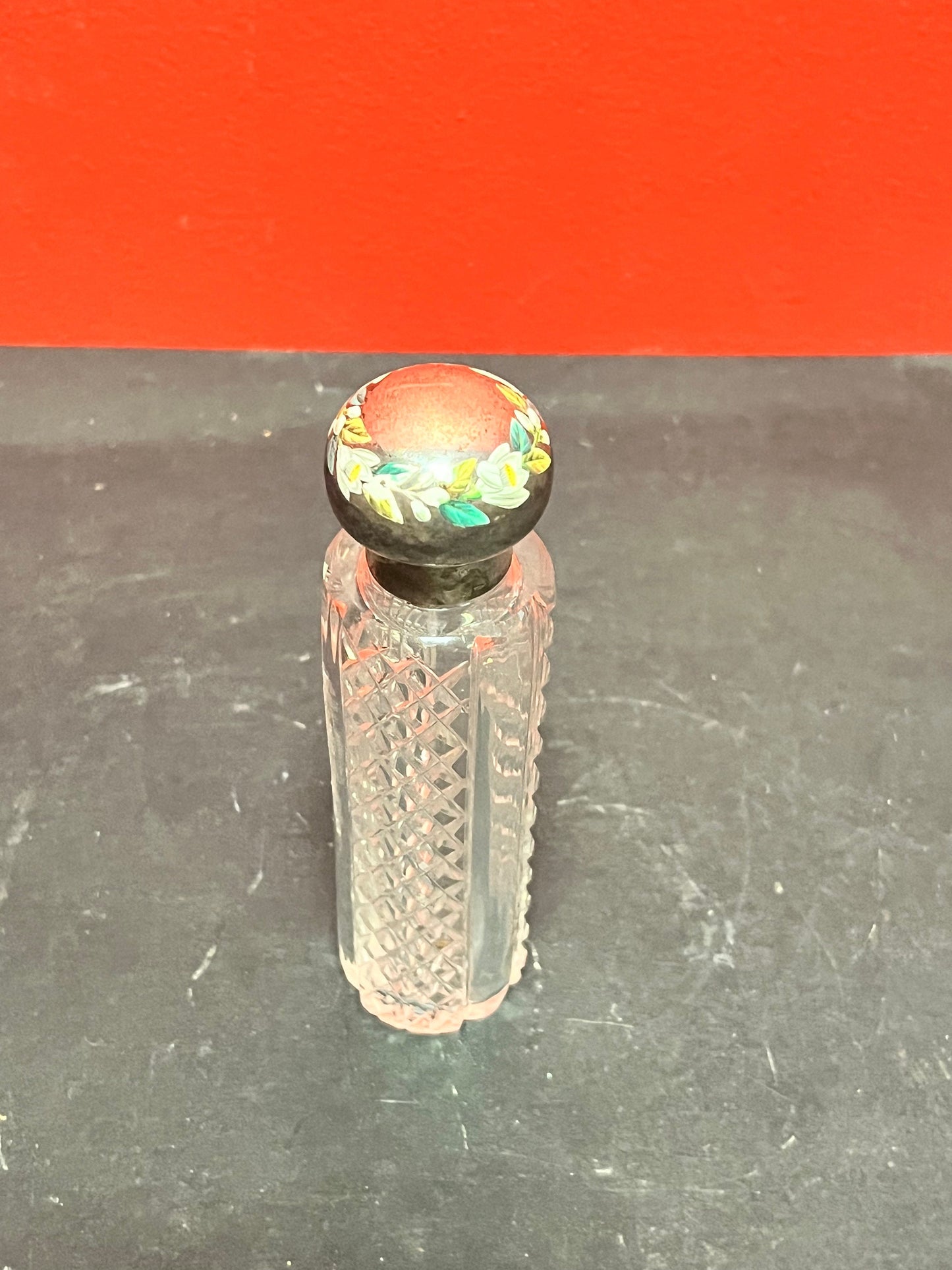 Beautiful 5 1/2 inch tall, antique crystal and silver top perfume bottle London 1888 nice enamelling on top great value