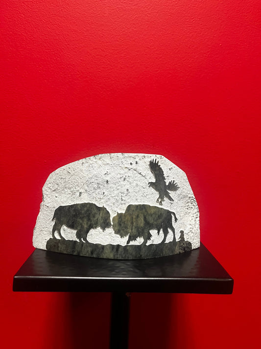 8 x 4 x 1  inch carved stone signed carving  buffalos with eagle  unique and wonderful