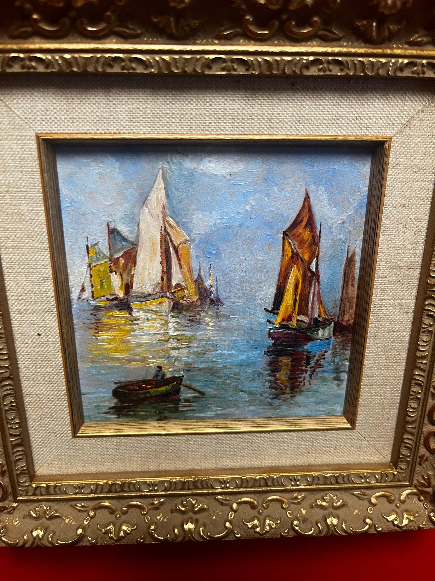 Stunning vintage 7 1/2 x 7 1/2 x 1“ thick Gilt framed oil painting  Beautiful nautical scene ready to gift