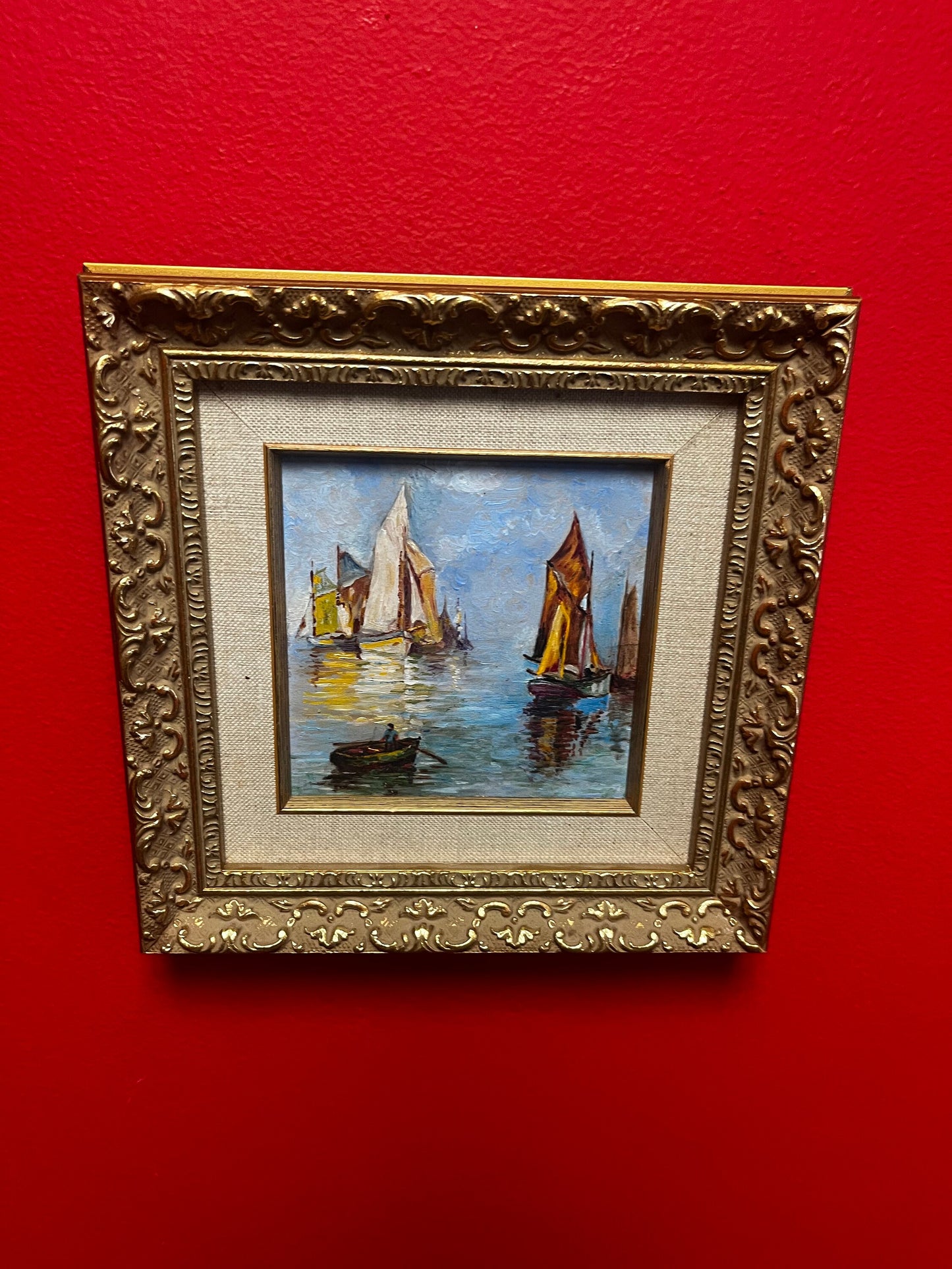 Stunning vintage 7 1/2 x 7 1/2 x 1“ thick Gilt framed oil painting  Beautiful nautical scene ready to gift