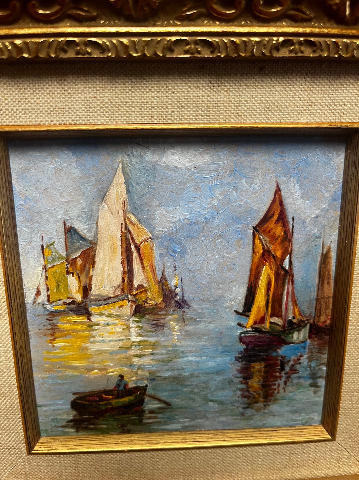 Stunning vintage 7 1/2 x 7 1/2 x 1“ thick Gilt framed oil painting  Beautiful nautical scene ready to gift