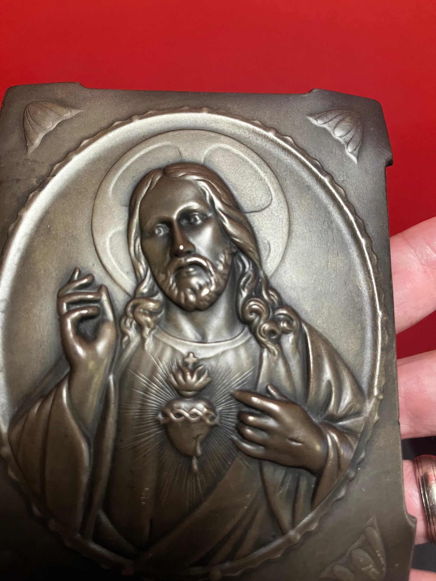 Lovely, religious arts and crafts metal European plaque 5 x 4 stands alone Great gift