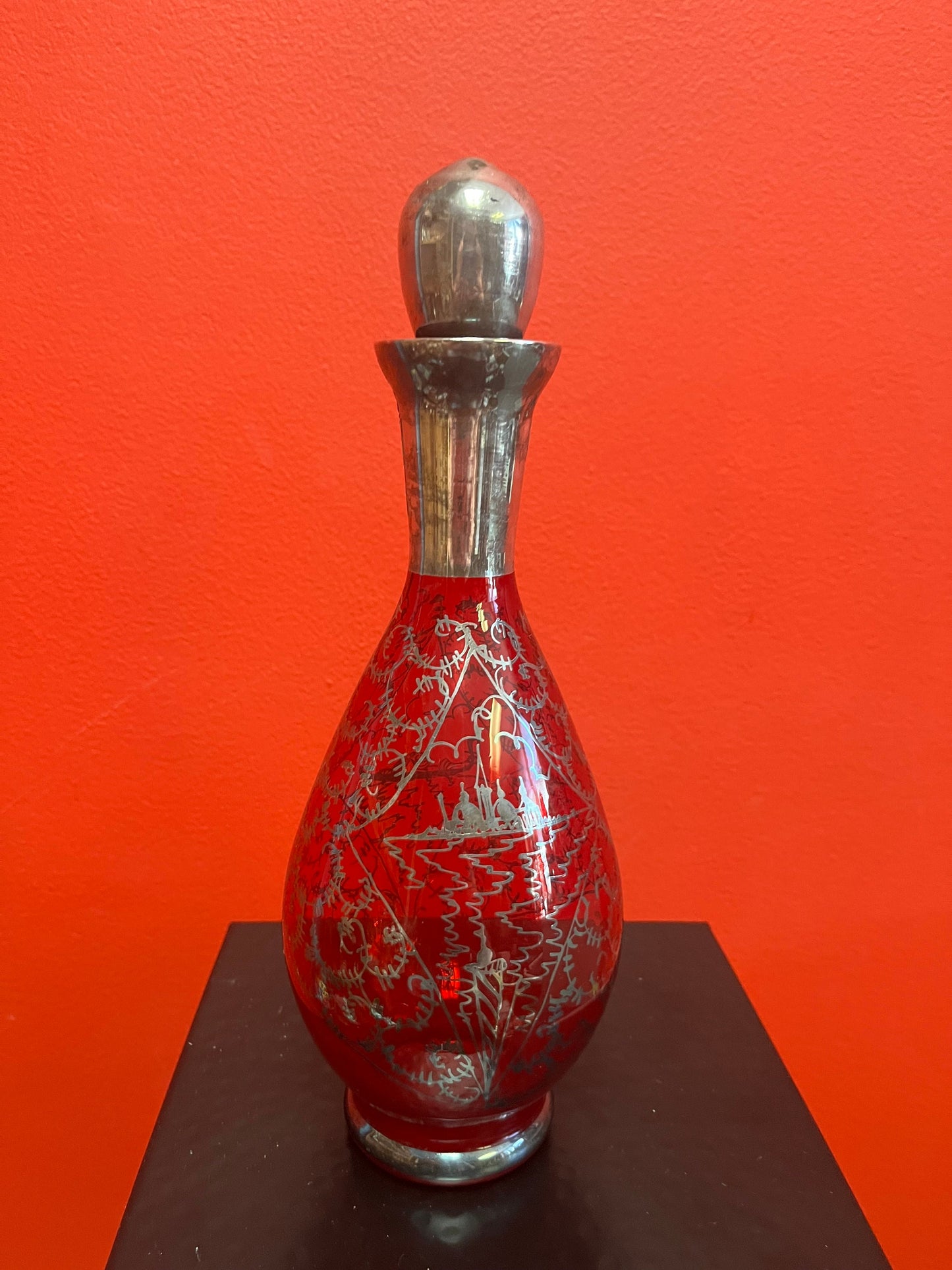 Absolutely beautiful 11 inch high ruby glass and sterling silver English antique decanter great value