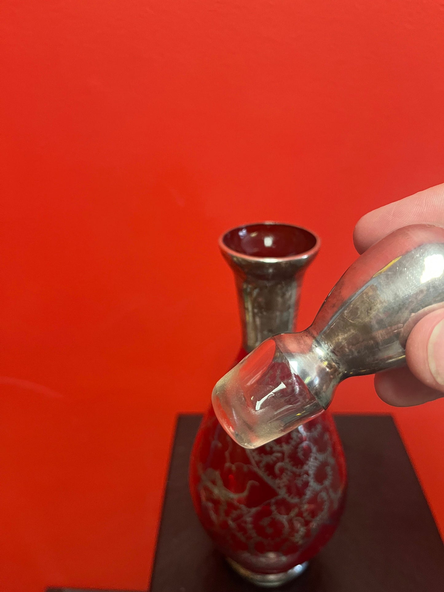Absolutely beautiful 11 inch high ruby glass and sterling silver English antique decanter great value