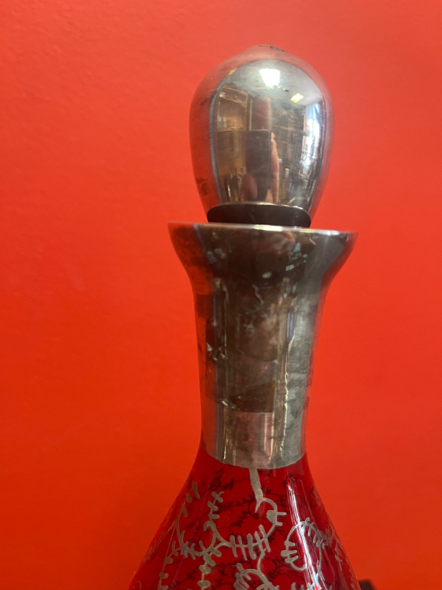 Absolutely beautiful 11 inch high ruby glass and sterling silver English antique decanter great value