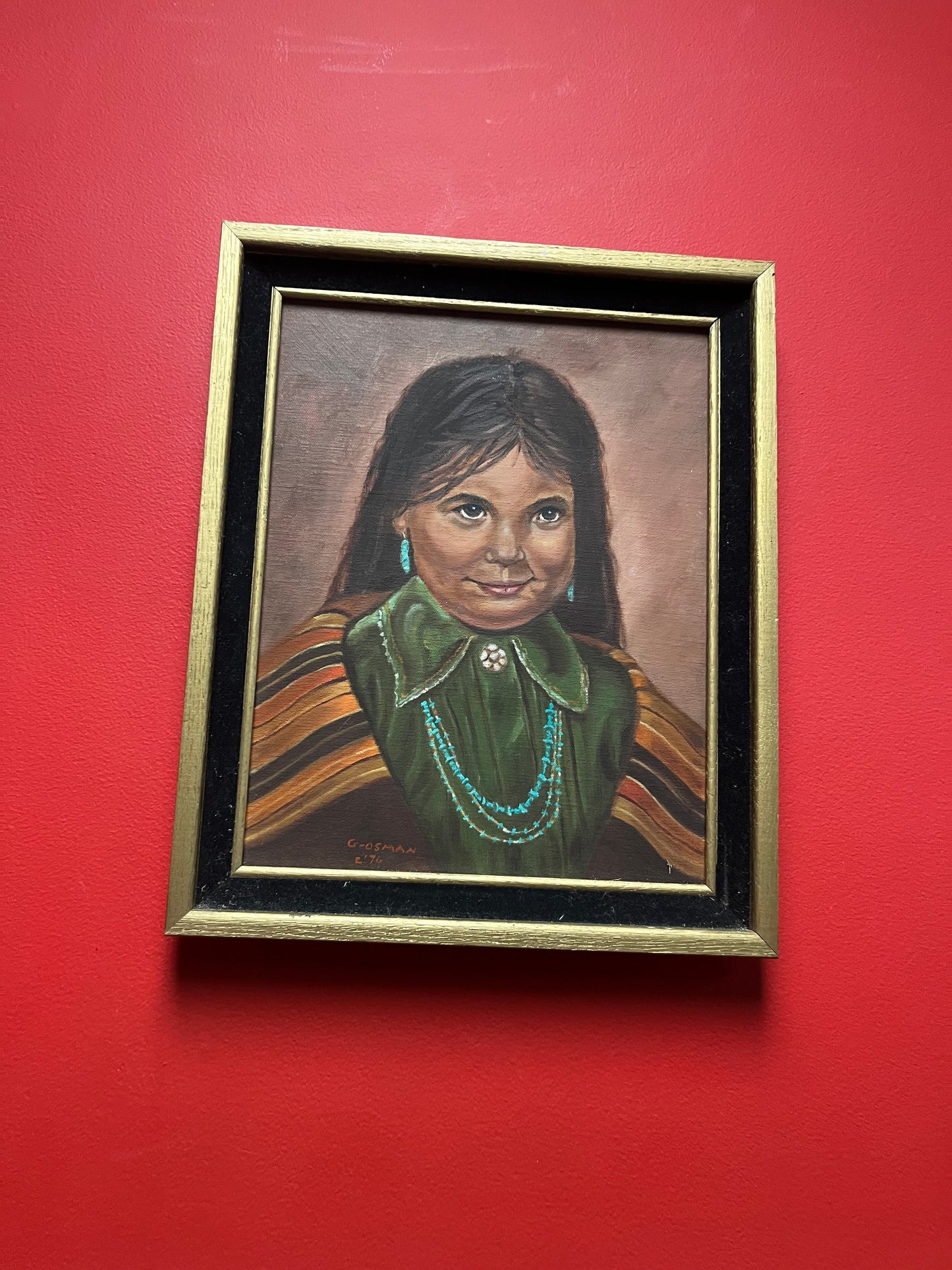 Wonderful 1970s signed indigenous Navajo original painting of a young woman intense detail and beautiful imagery