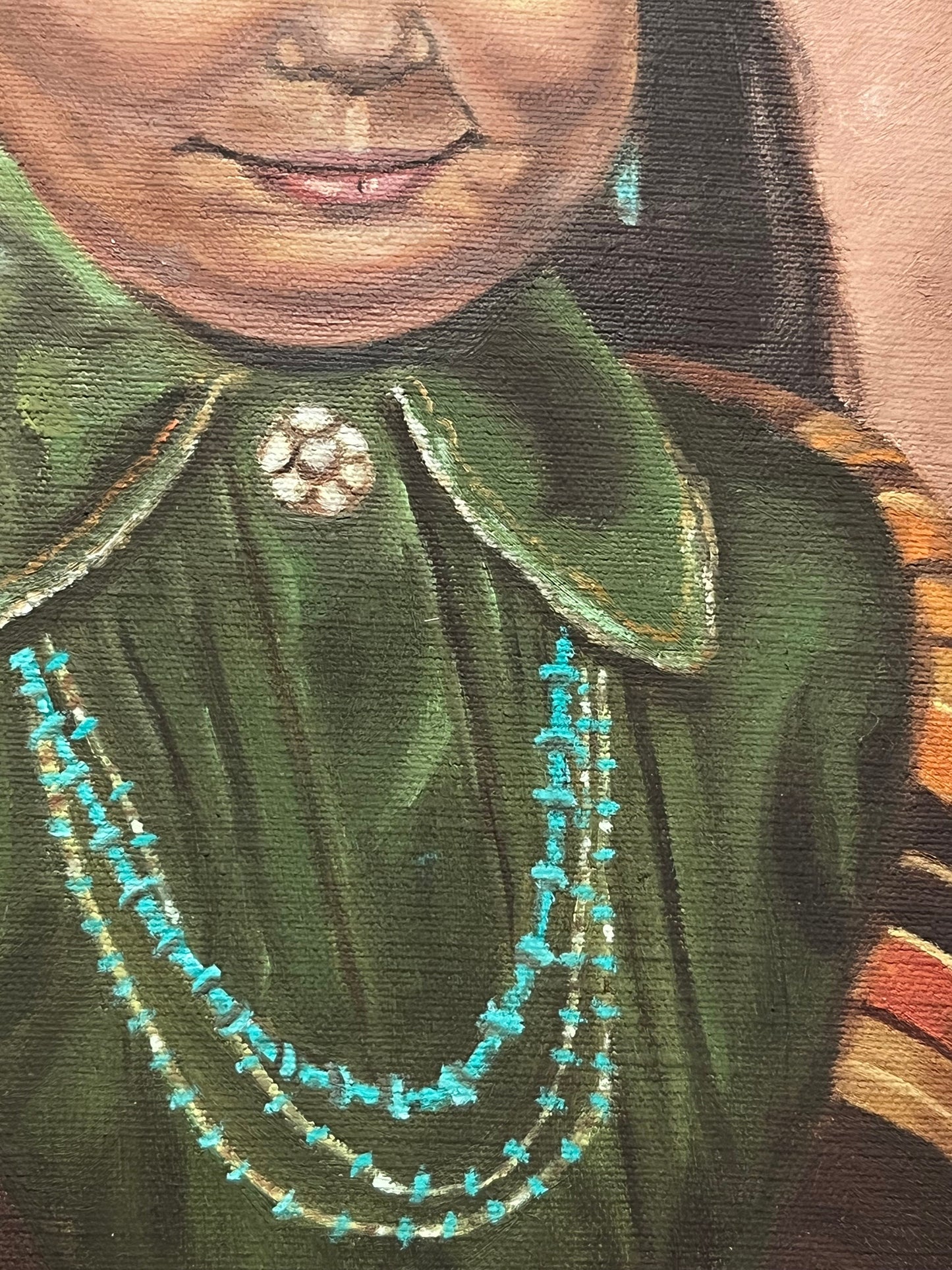 Wonderful 1970s signed indigenous Navajo original painting of a young woman intense detail and beautiful imagery