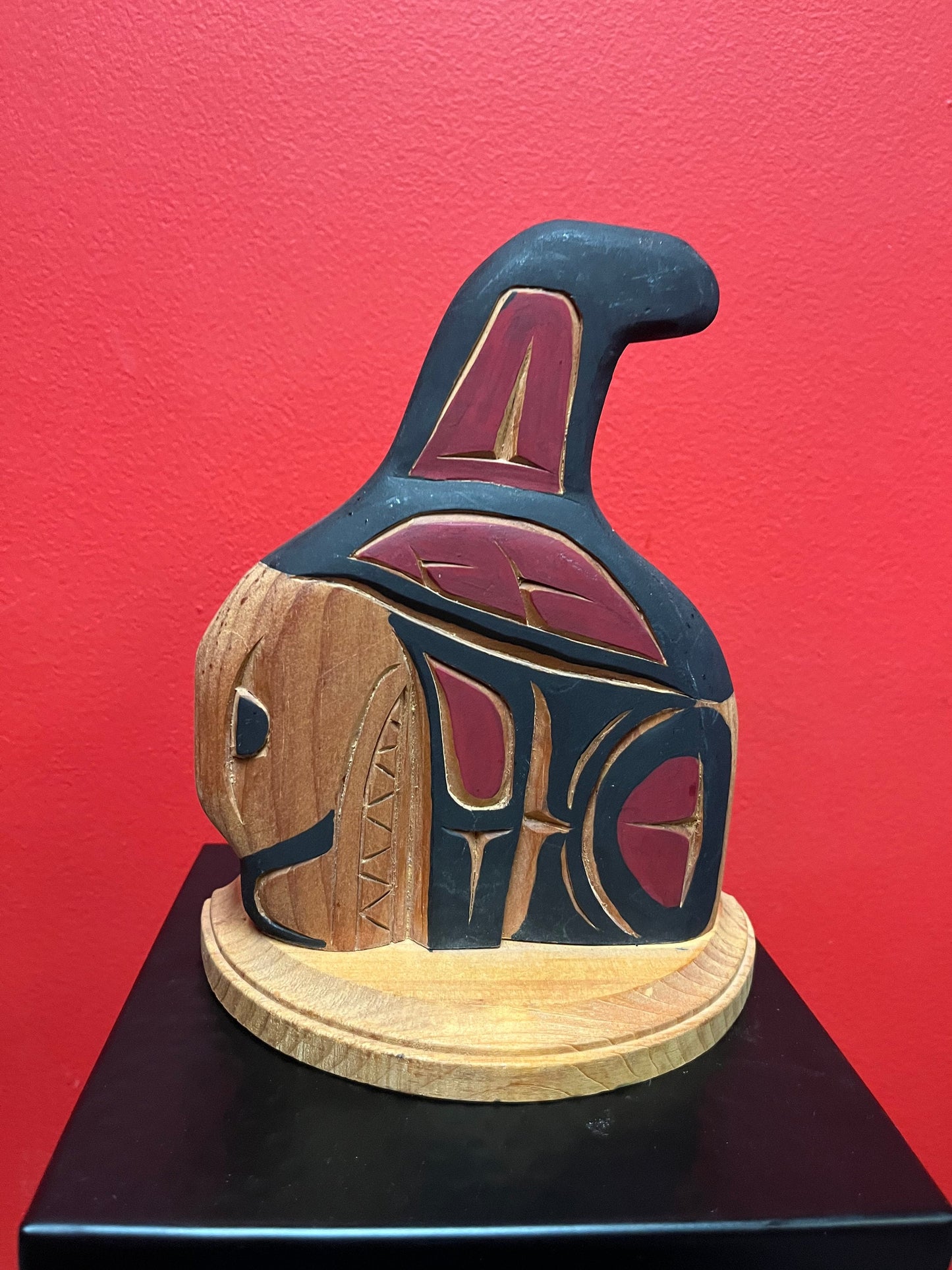 Fabulous 9 inch tall signed indigenous first nations Pacific Northwest Coast double sided killer whale on stand