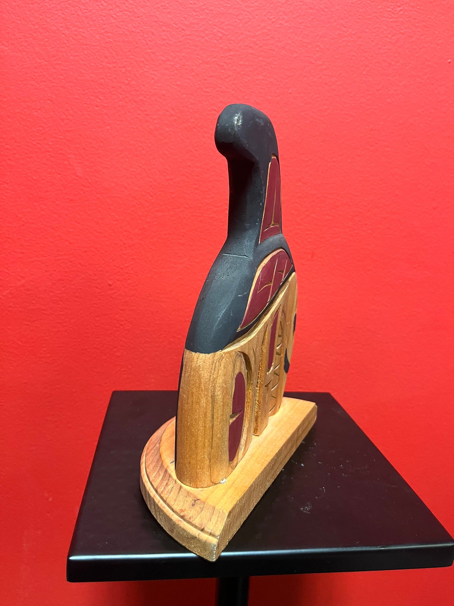 Fabulous 9 inch tall signed indigenous first nations Pacific Northwest Coast double sided killer whale on stand