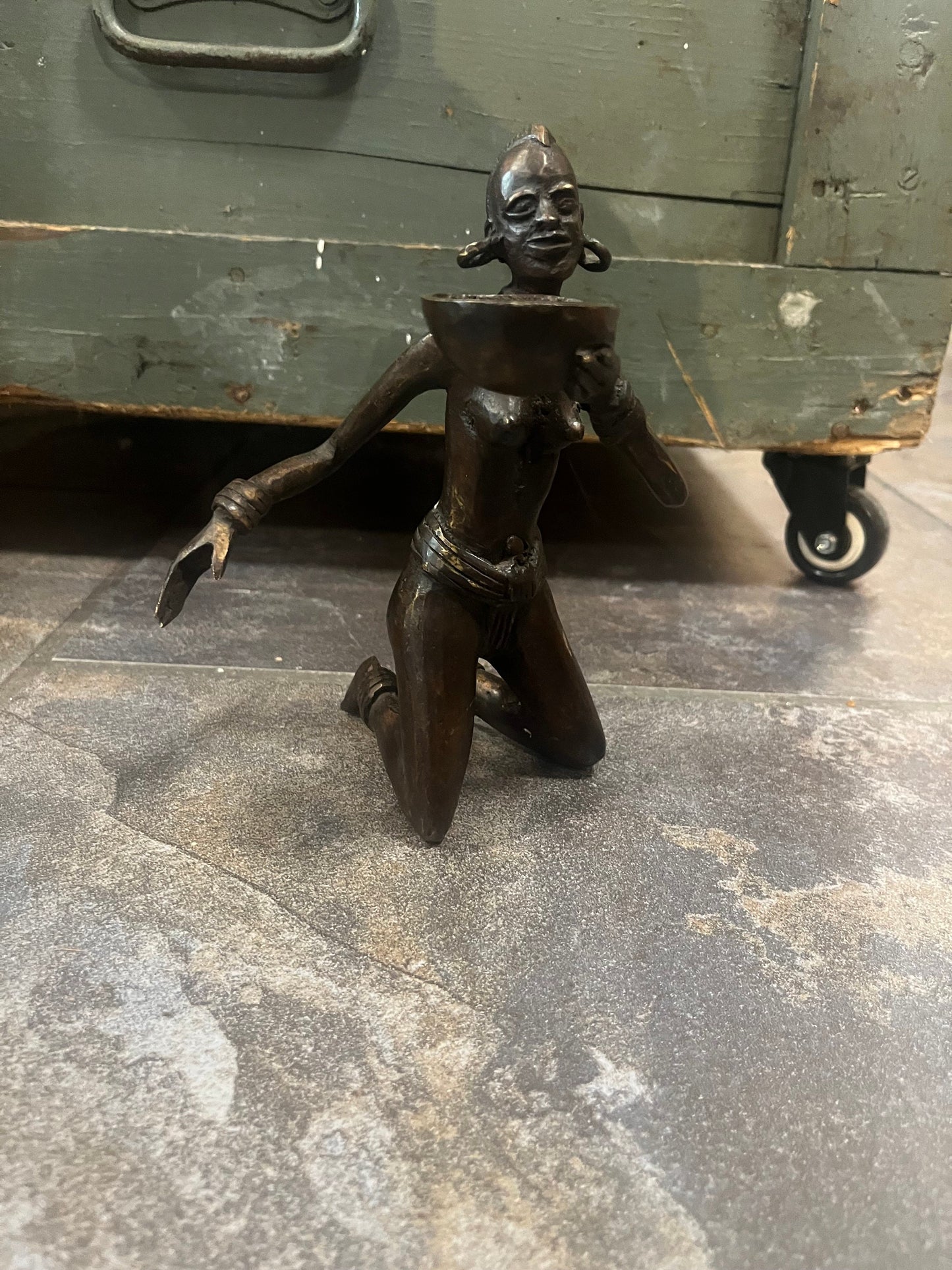 Wonderful 8 inch tall antique African bronze statue great patina and imagery