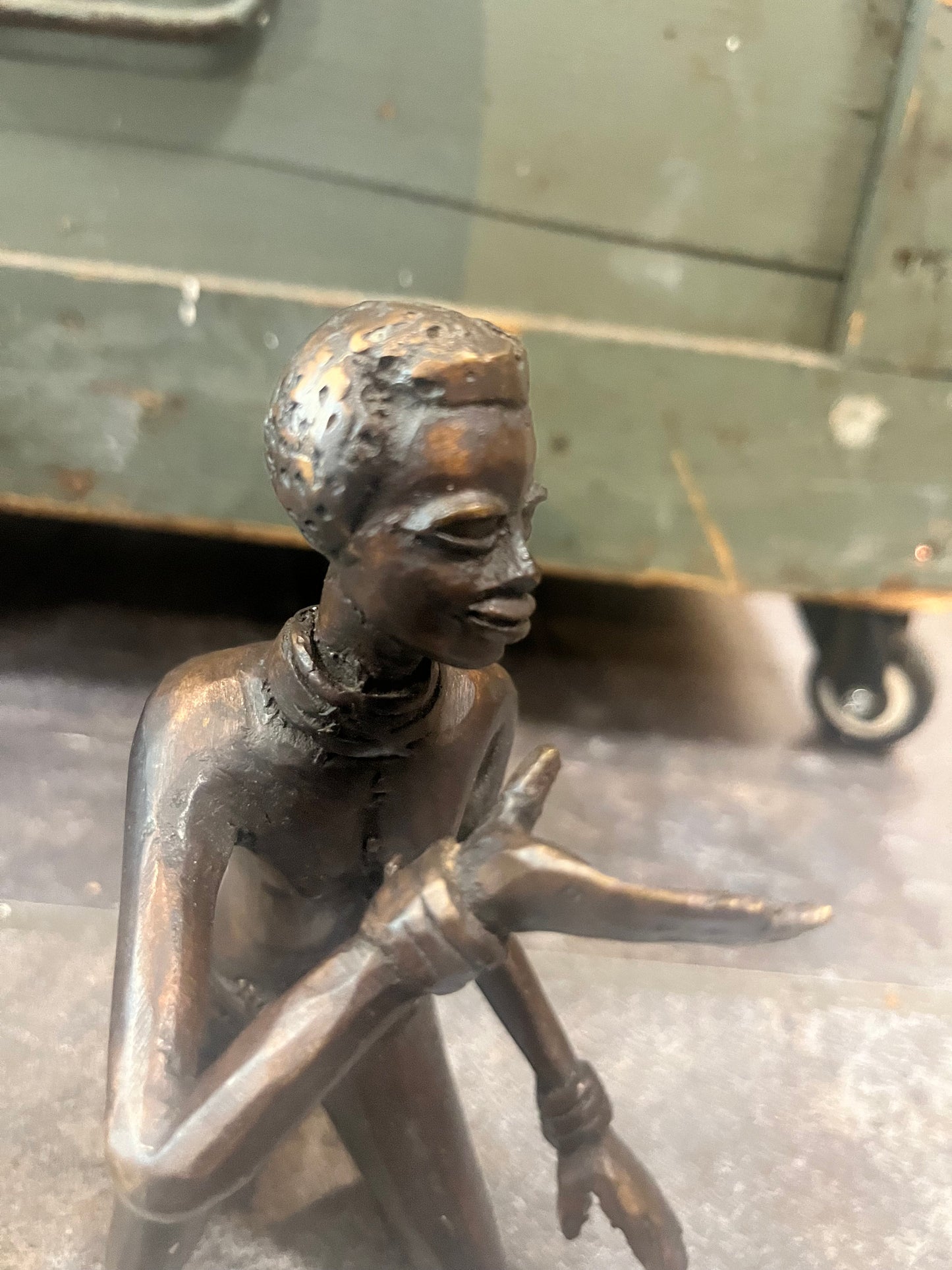 Wonderful 8 inch tall antique African bronze statue great patina and imagery