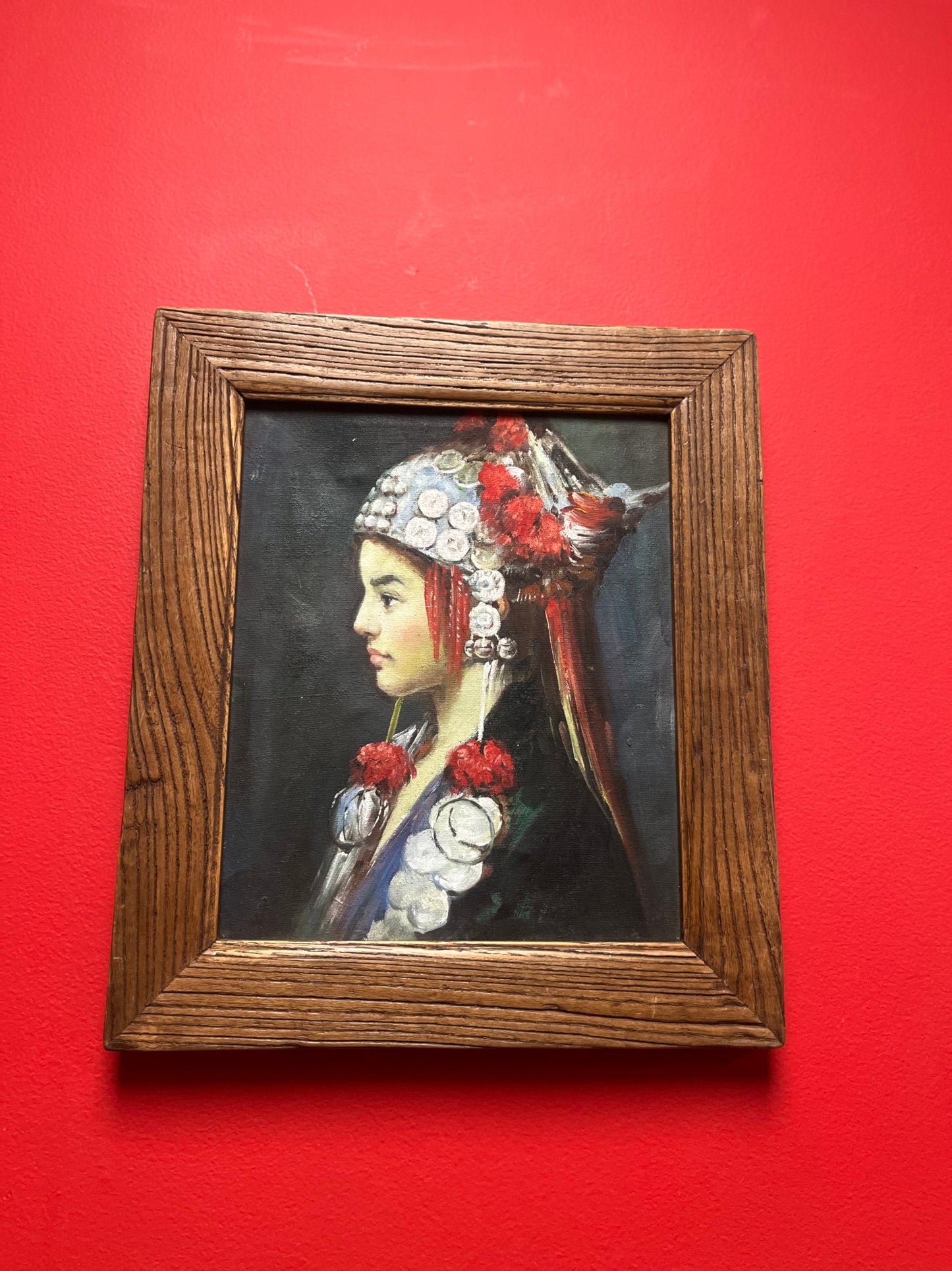 Stunning antique 15 x 13 x 1 thick Hand painted Nepalese pictures of a young man on an on canvas in oak frame Amazing detail wow