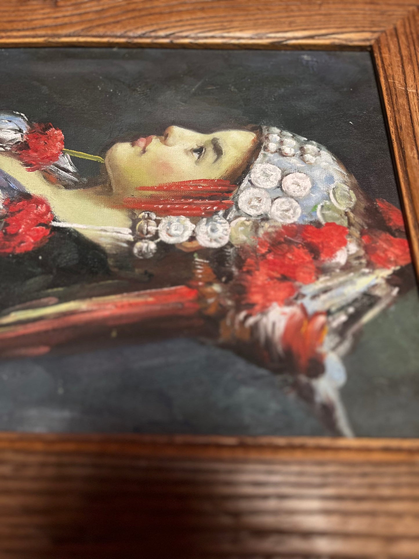 Stunning antique 15 x 13 x 1 thick Hand painted Nepalese pictures of a young man on an on canvas in oak frame Amazing detail wow