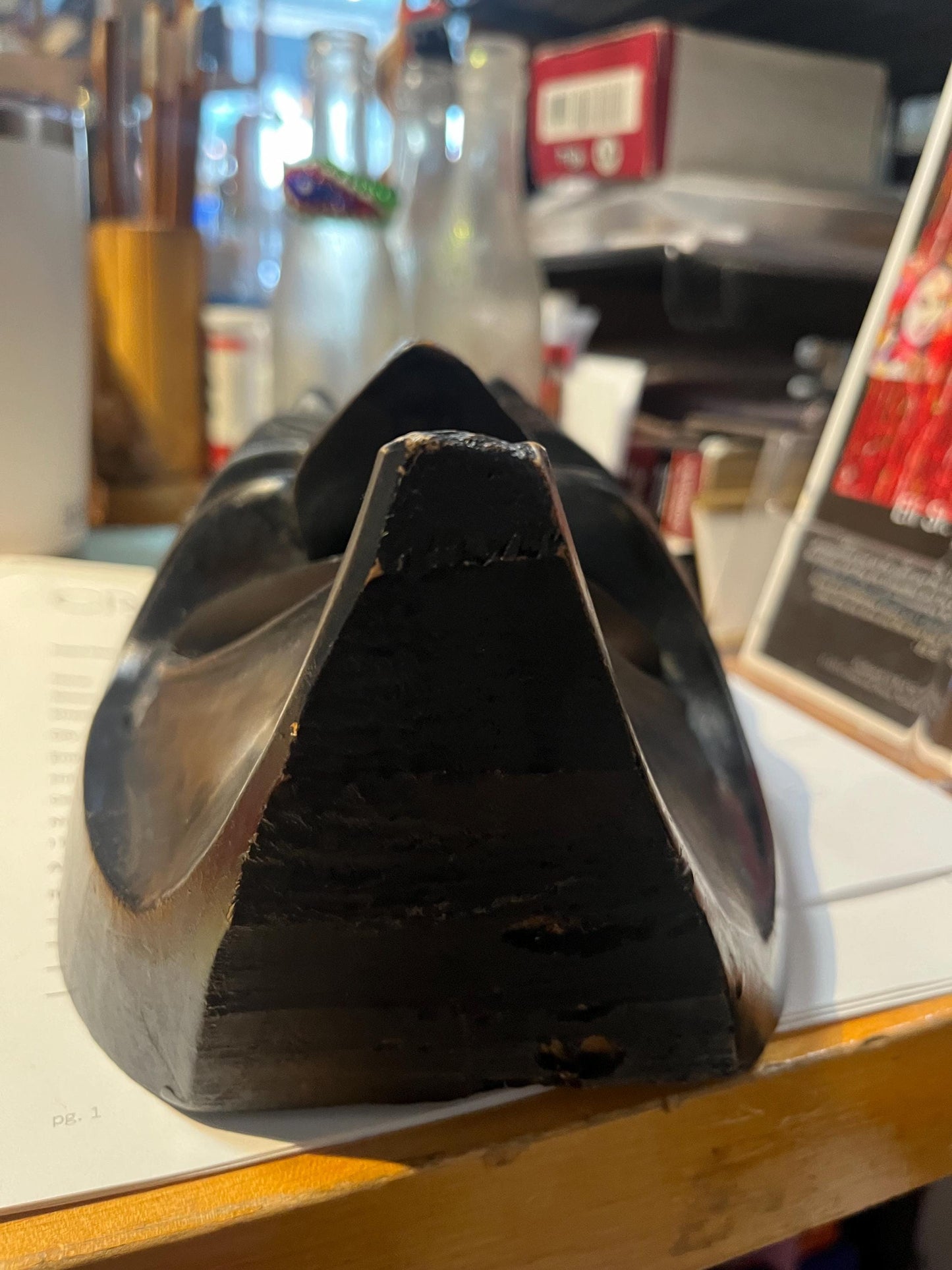 Lovely older Japanese 10 x 6 wide wooden dancing mask representing the devil needs a hanger