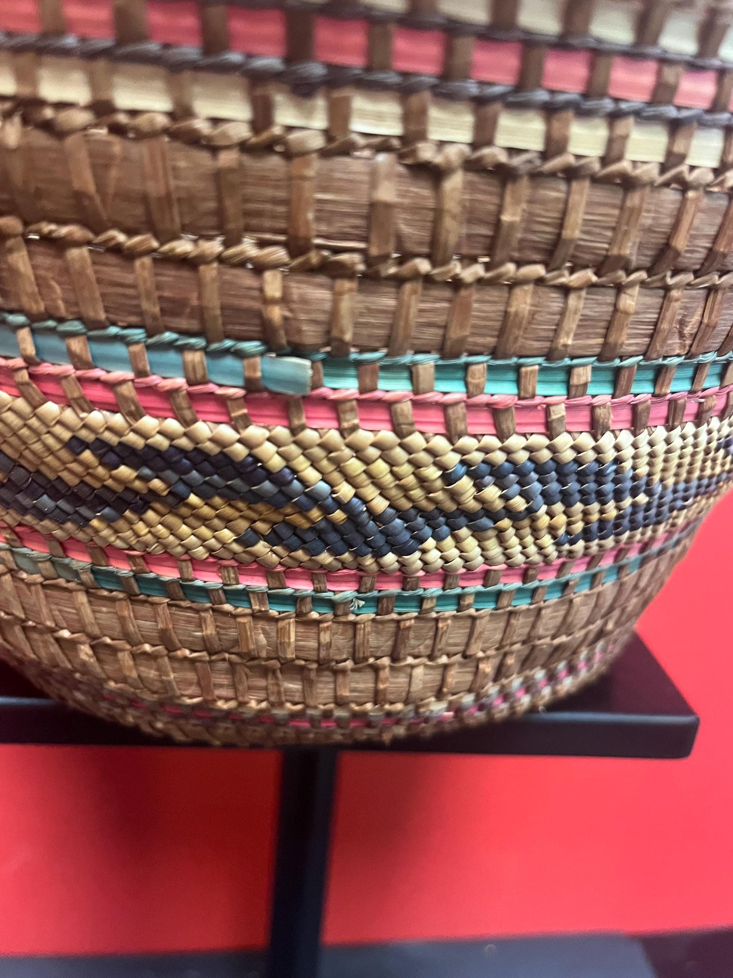 Beautiful 11 x 17 high North American, antique indigenous woven and cedar bark basket Heavily decorated in great condition Value priced