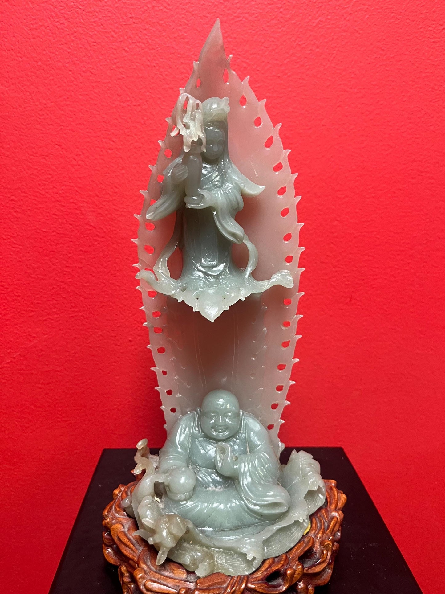 Stunning museum quality 10.5 x 5 wide Chinese jade statue on Rosewood stand From important estate Wonderful detail Amazing value