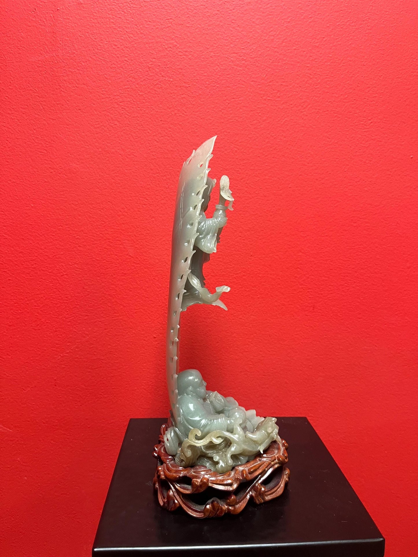 Stunning museum quality 10.5 x 5 wide Chinese jade statue on Rosewood stand From important estate Wonderful detail Amazing value