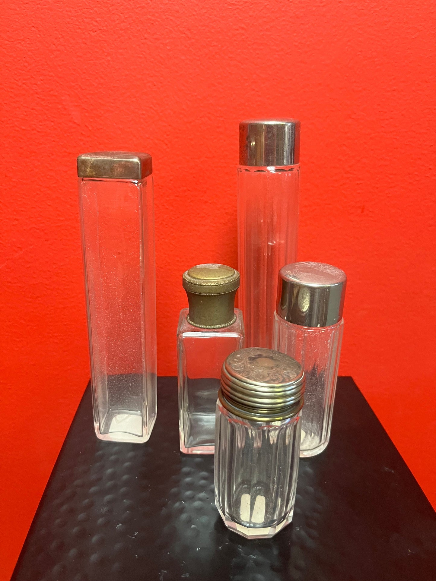 Lovely collection of five silver plated topped glass bottles All English and all good condition 3 to 7 inches