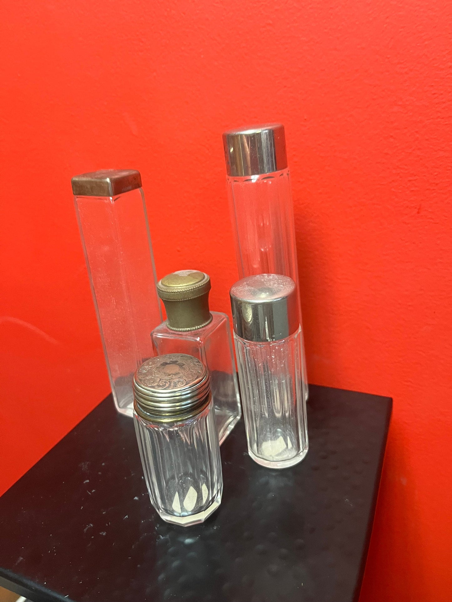 Lovely collection of five silver plated topped glass bottles All English and all good condition 3 to 7 inches