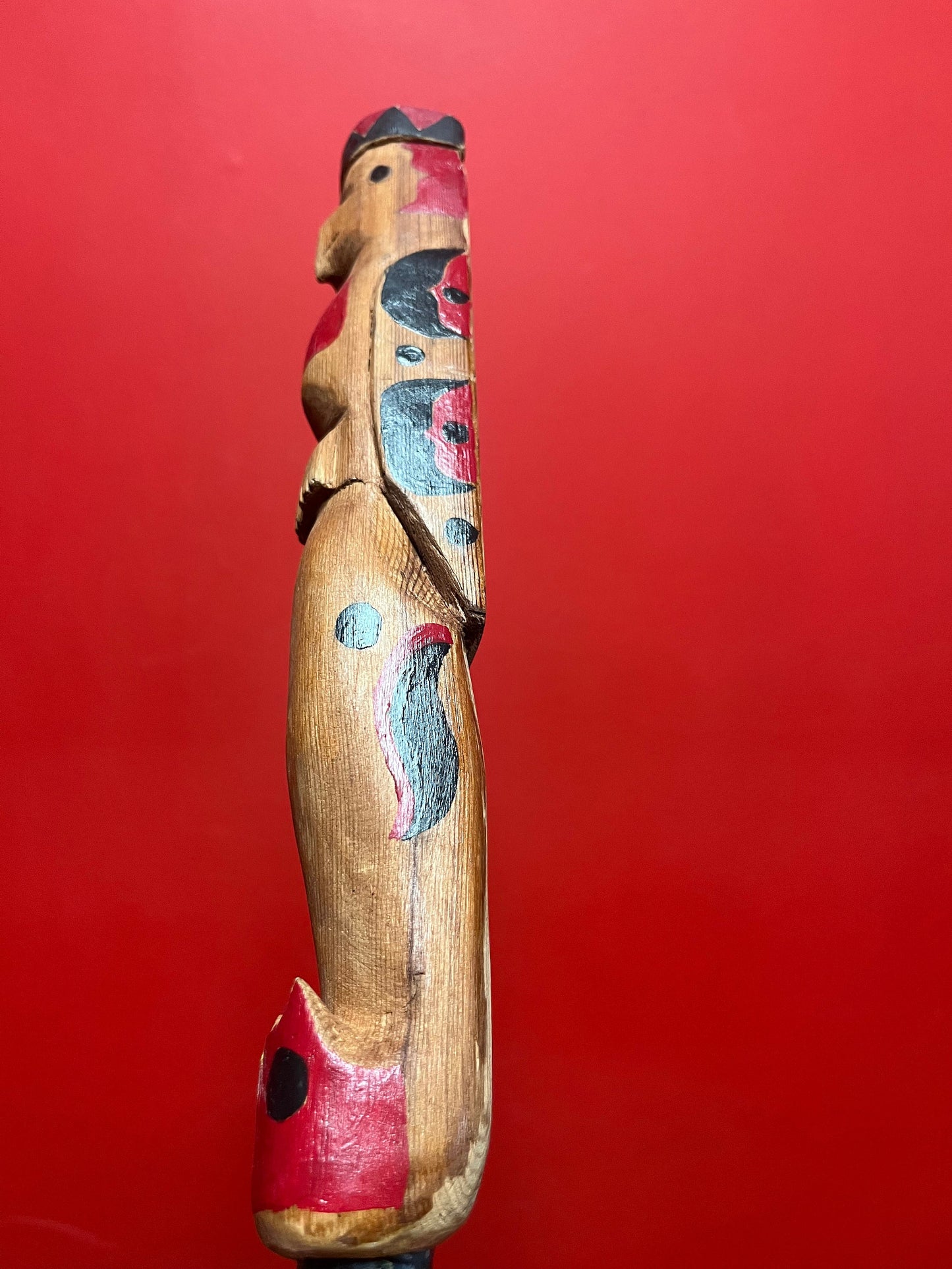 Primitive antique 14 inch long indigenous first nations Pacific Northwest Coast talking stick wonderful imagery