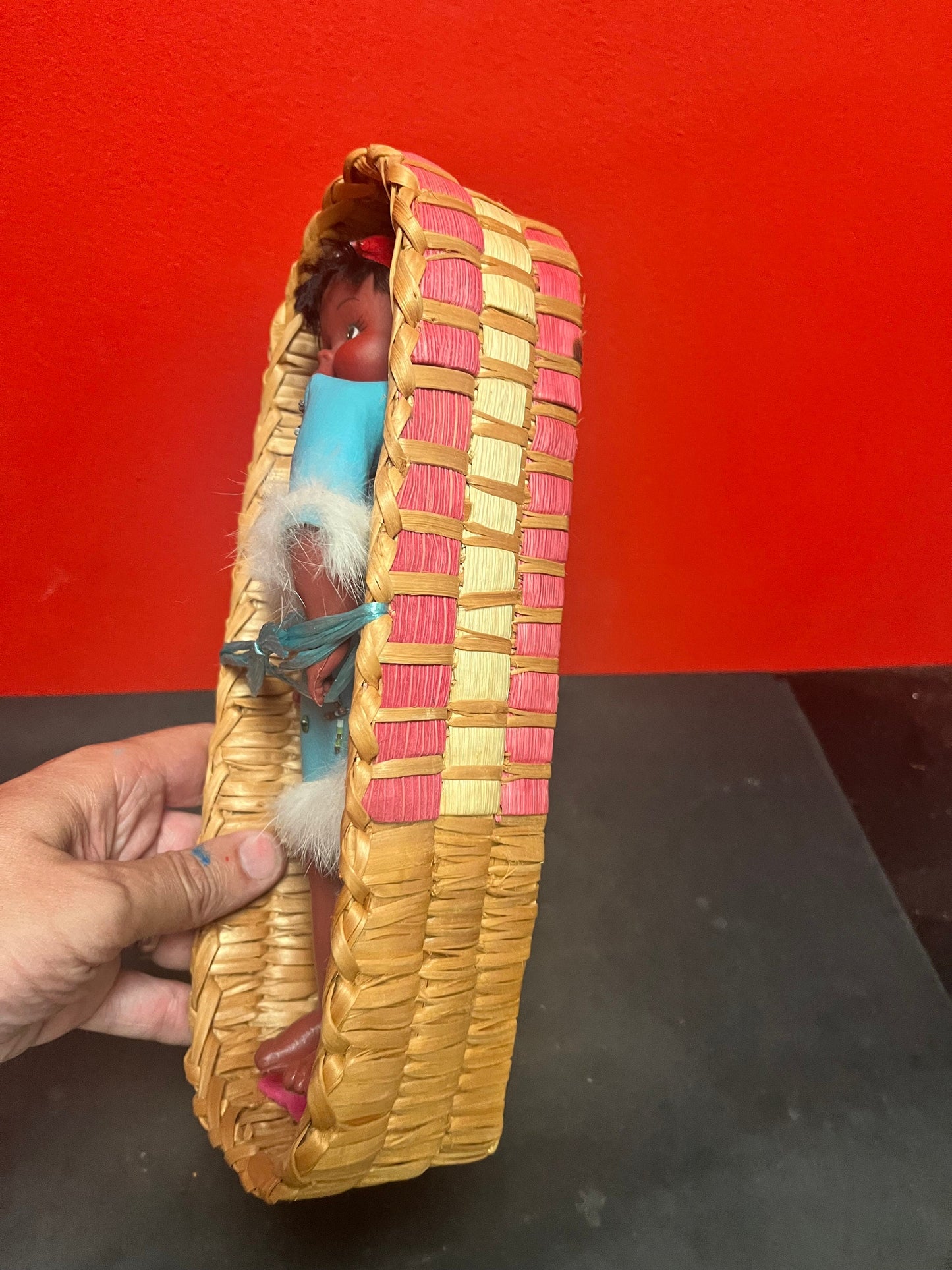 12 x 6 x 3 high Canadian antique indigenous Cedar Bark papnoose basket lovely colouring comes with original doll great condition