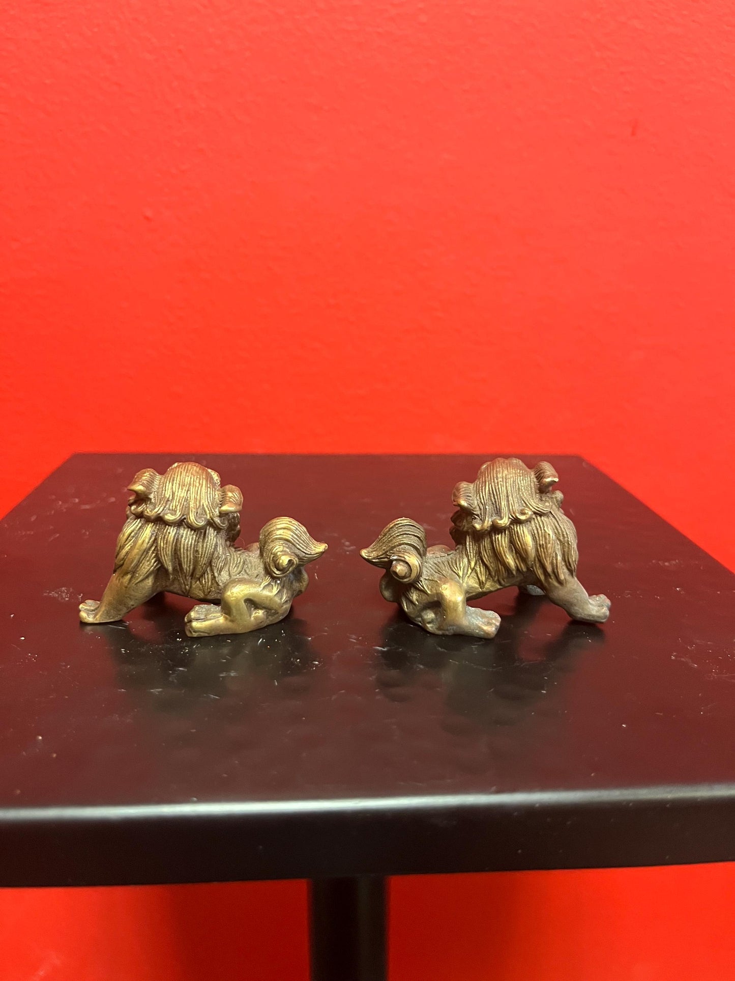 Stunning antique Chinese 2 inch long bronze dogs of foo amazing patina and wonderful pieces