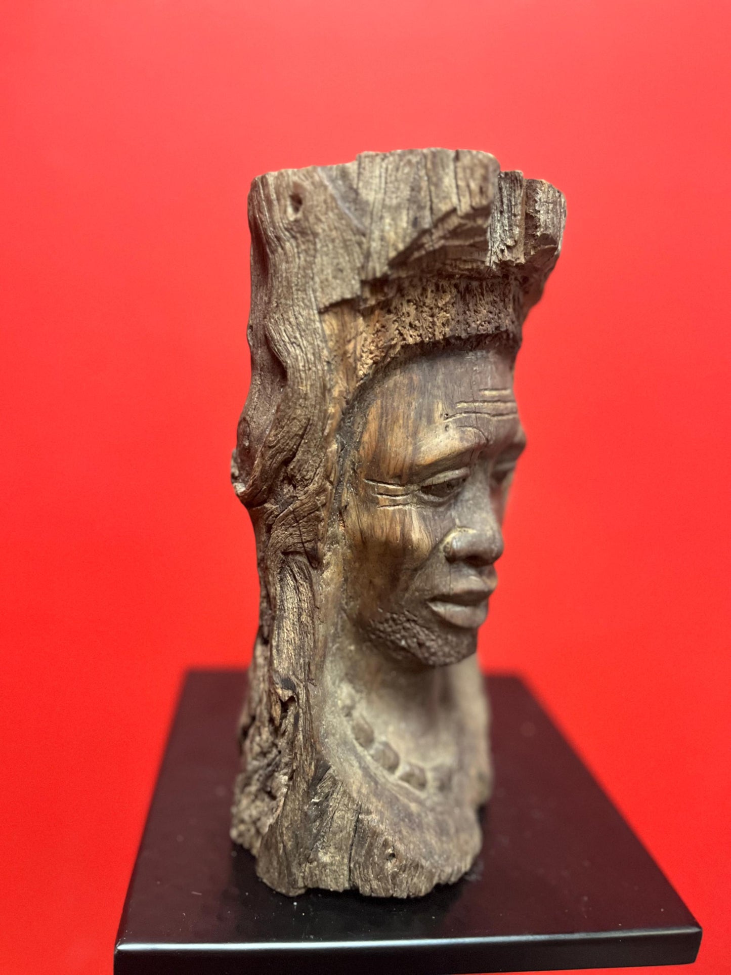 Very early antique African live edge wood bust of a man with necklace wonderful imagery museum quality