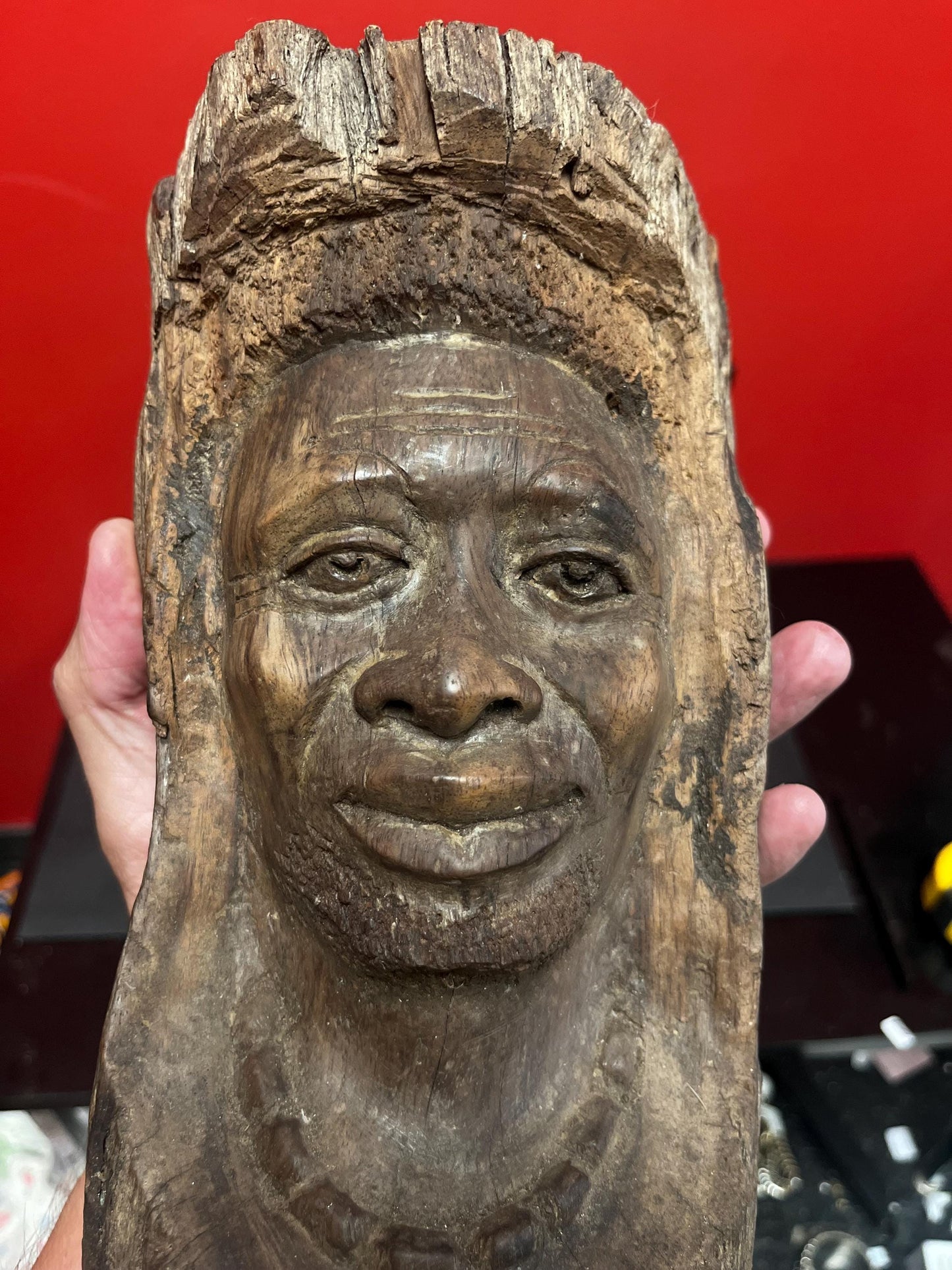Very early antique African live edge wood bust of a man with necklace wonderful imagery museum quality