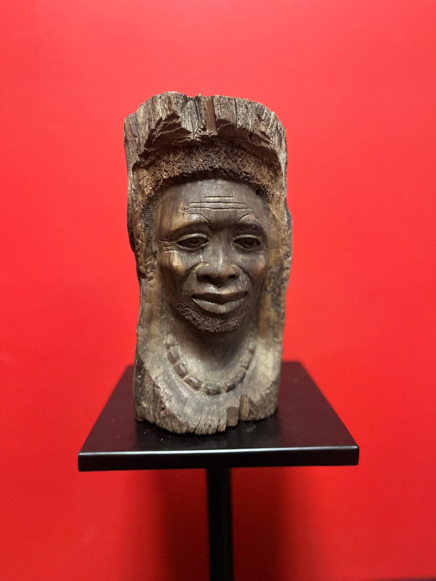 Very early antique African live edge wood bust of a man with necklace wonderful imagery museum quality