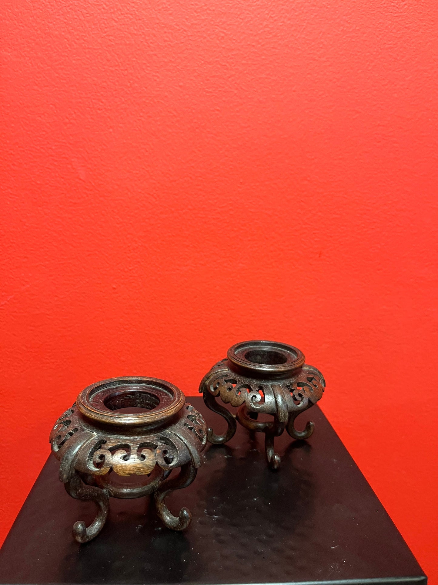 Stunning antique Chinese 3 x 2 wide Heavily carved rosewood stands The most beautiful pair