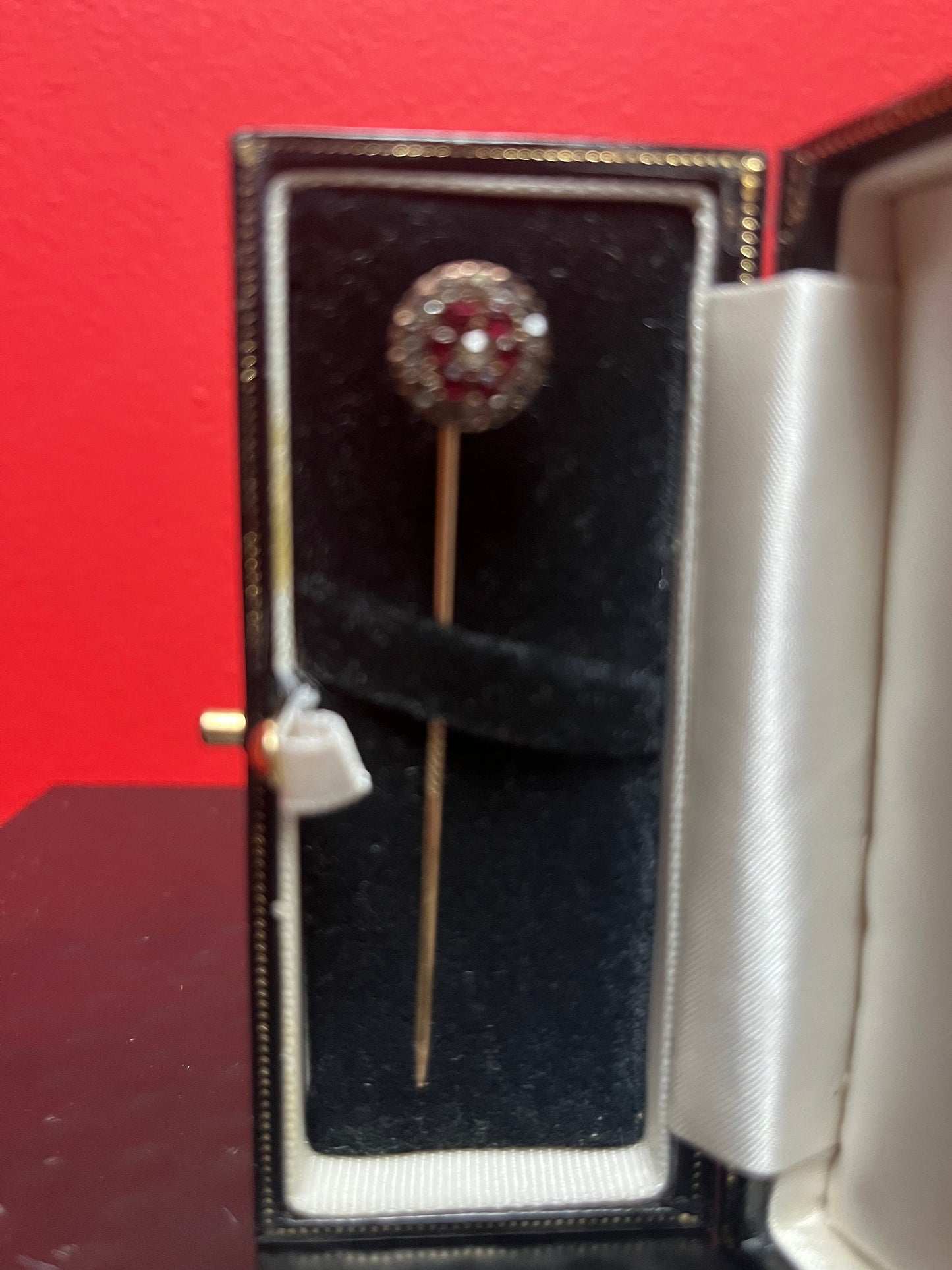 Stunning, antique gold, ruby, and diamond hat pin in a Beautiful box wonderful piece wow