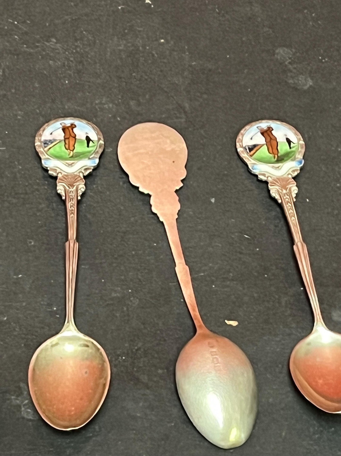 Five lovely English antique sterling silver hallmarked coffee spoons with enamel depicting Golf great gift 100 g total