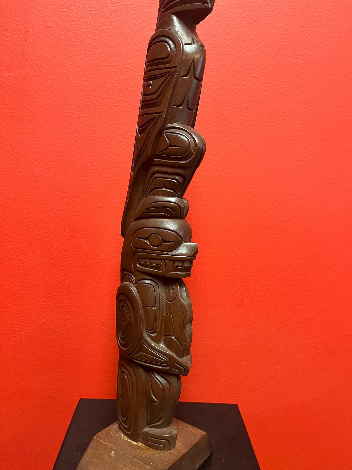 Stunning 17 inch tall Harold Baker indigenous first nations Pacific Northwest Coast Cedar totem pole Sensational detail One of the best