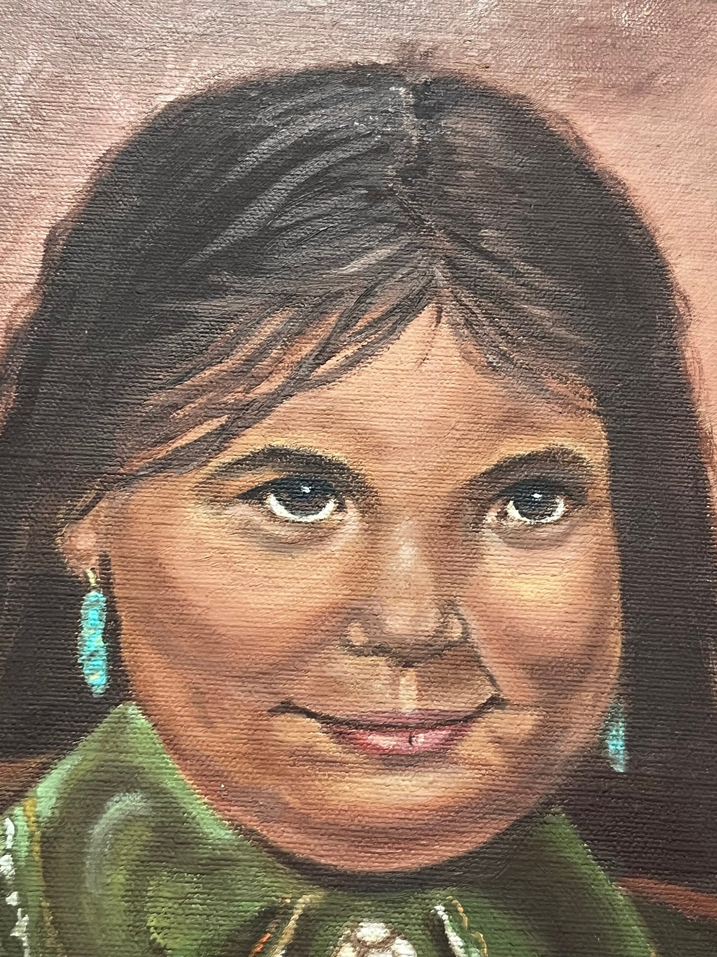Wonderful 1970s signed indigenous Navajo original painting of a young woman intense detail and beautiful imagery