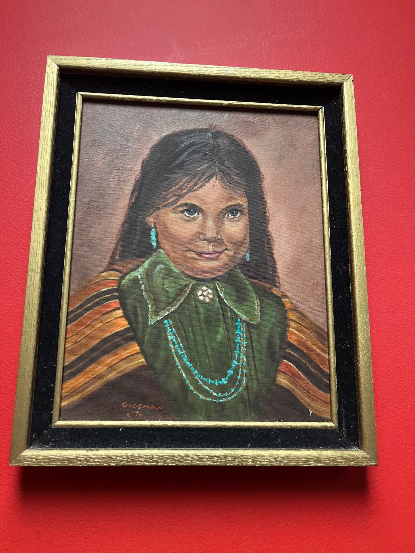 Wonderful 1970s signed indigenous Navajo original painting of a young woman intense detail and beautiful imagery