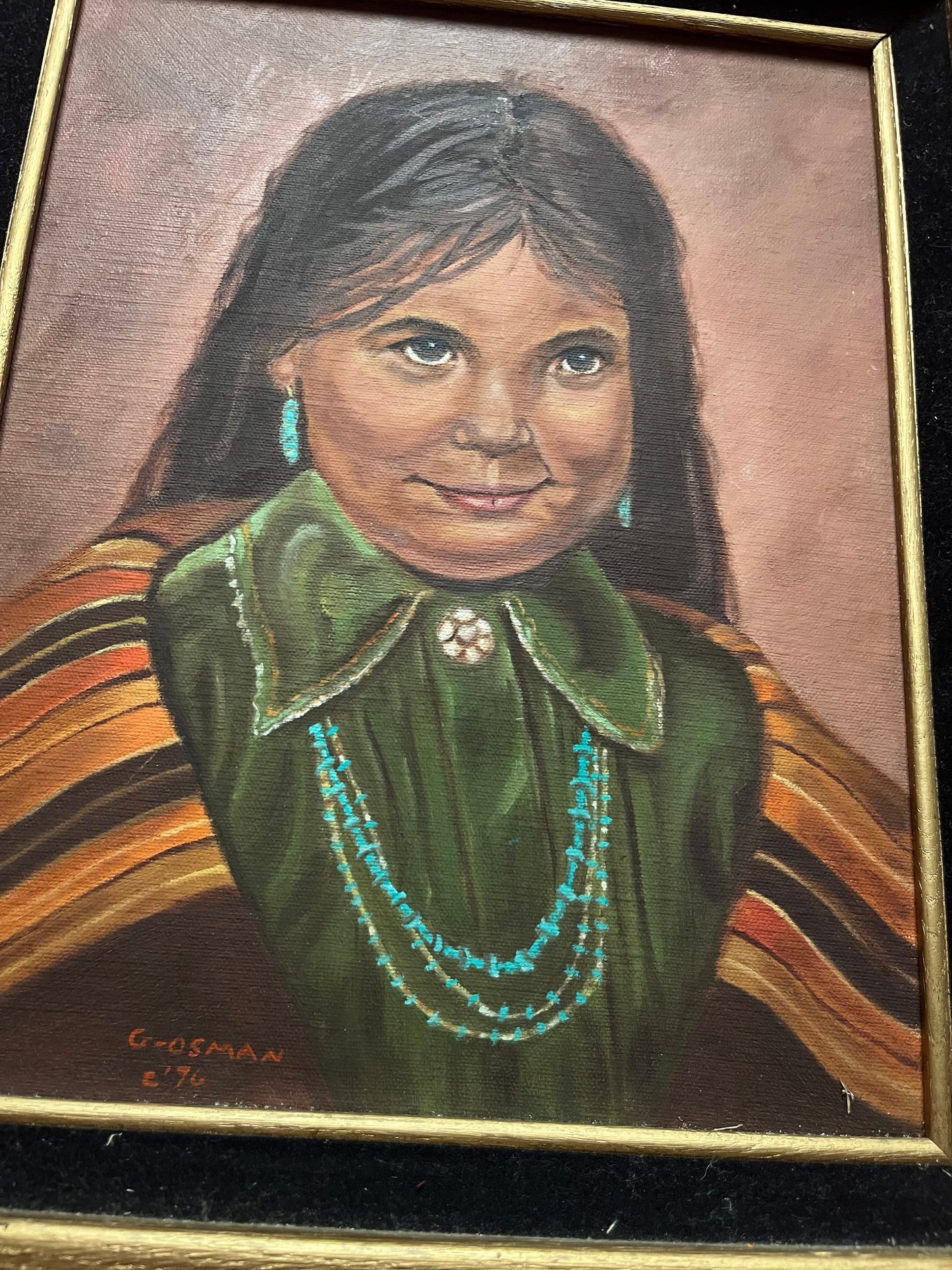 Wonderful 1970s signed indigenous Navajo original painting of a young woman intense detail and beautiful imagery