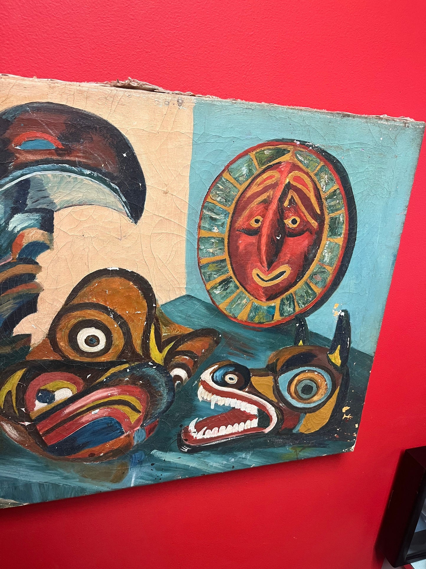 Wonderful rare museum quality signed 30 x 21 indigenous first nations Pacific northwest coast painting - amazing imagery- some paint damage