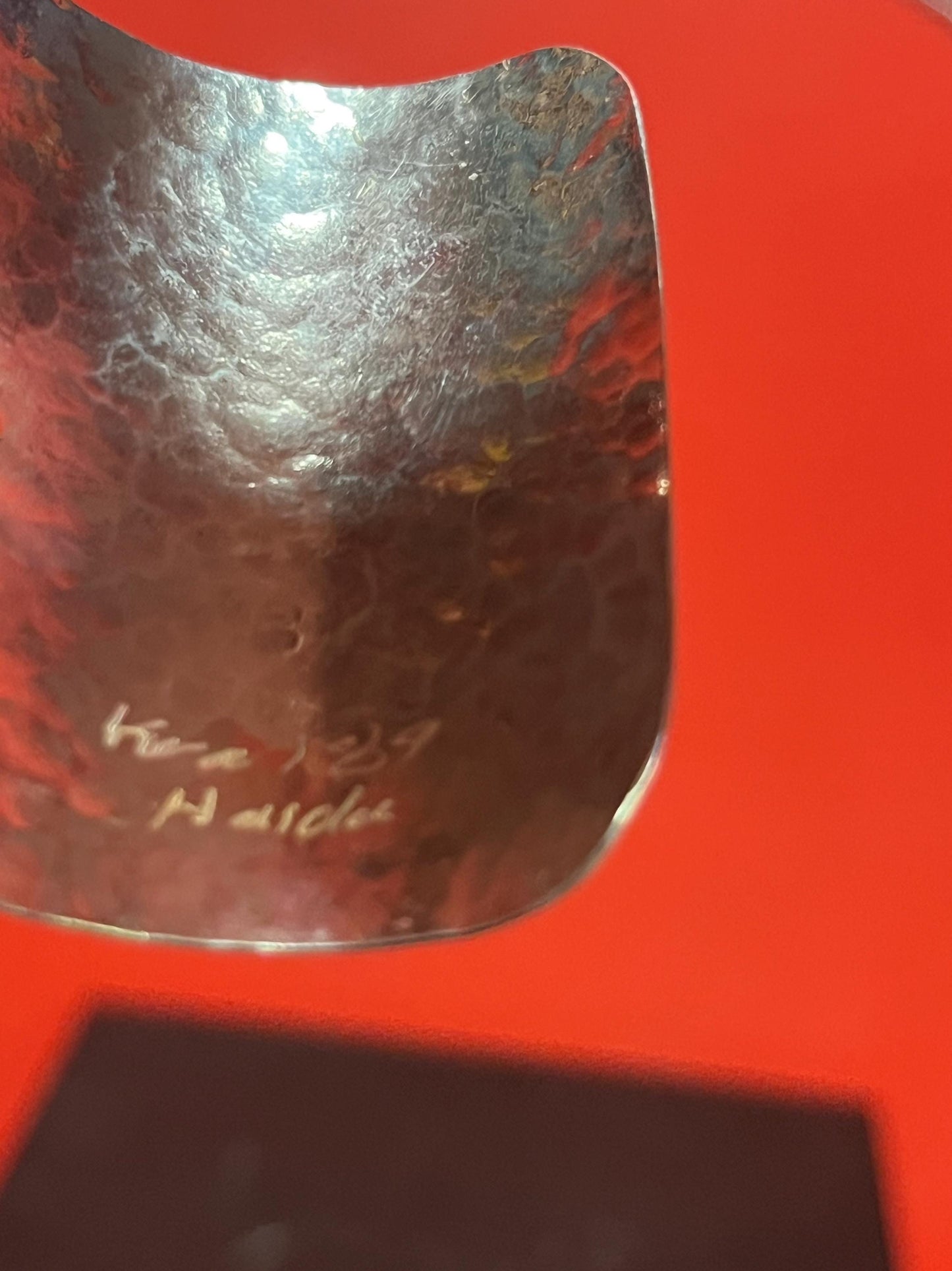 Magnificent signed heavy sterling and gold sun mask cuff indigenous First NationsNorthwest Coast 2 1/4 wide and 2 high, 7 circumference