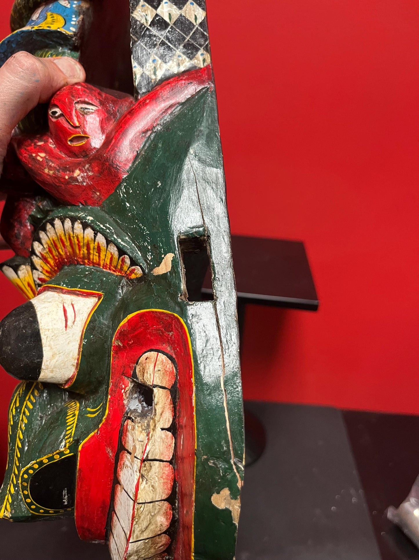 Absolutely fabulous or authentic antique Nepalese 23 x 6 wide mask wonderful detail and very small age crack on bottom side wow imagery