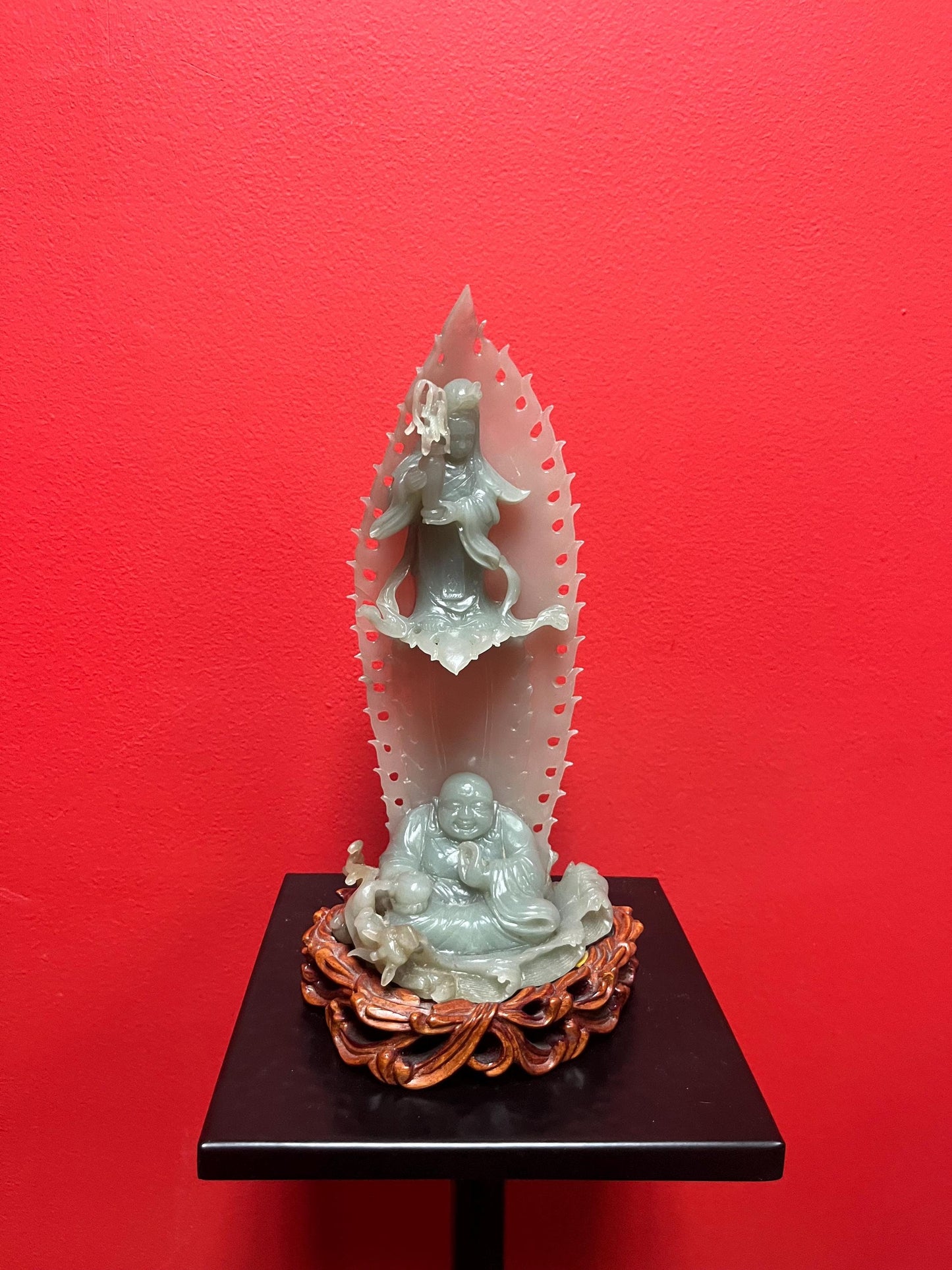 Stunning museum quality 10.5 x 5 wide Chinese jade statue on Rosewood stand From important estate Wonderful detail Amazing value