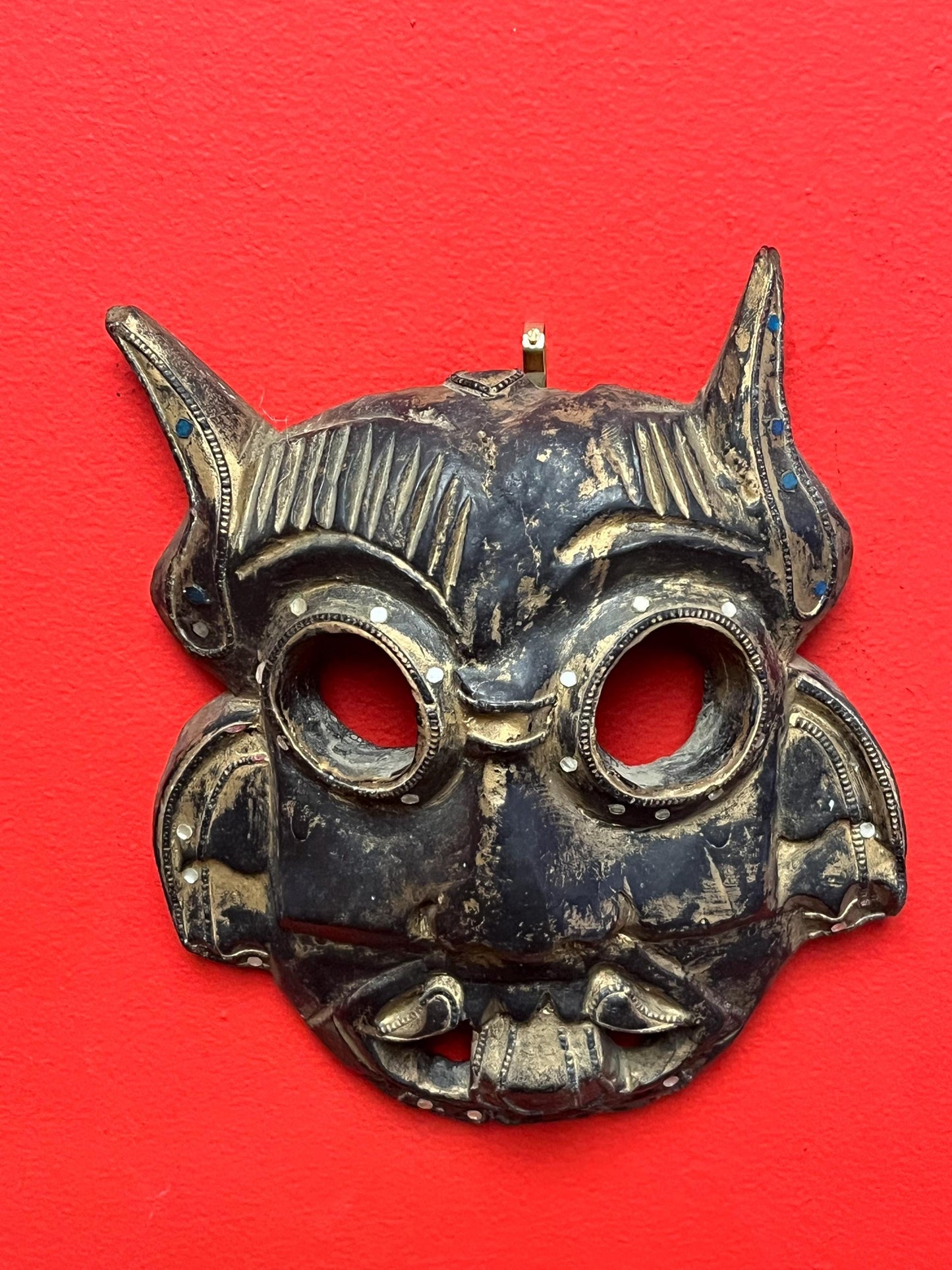Lovely antique 10 x 8 Tibetan mask with Sparkled jewels great patina, and ready to hang wow