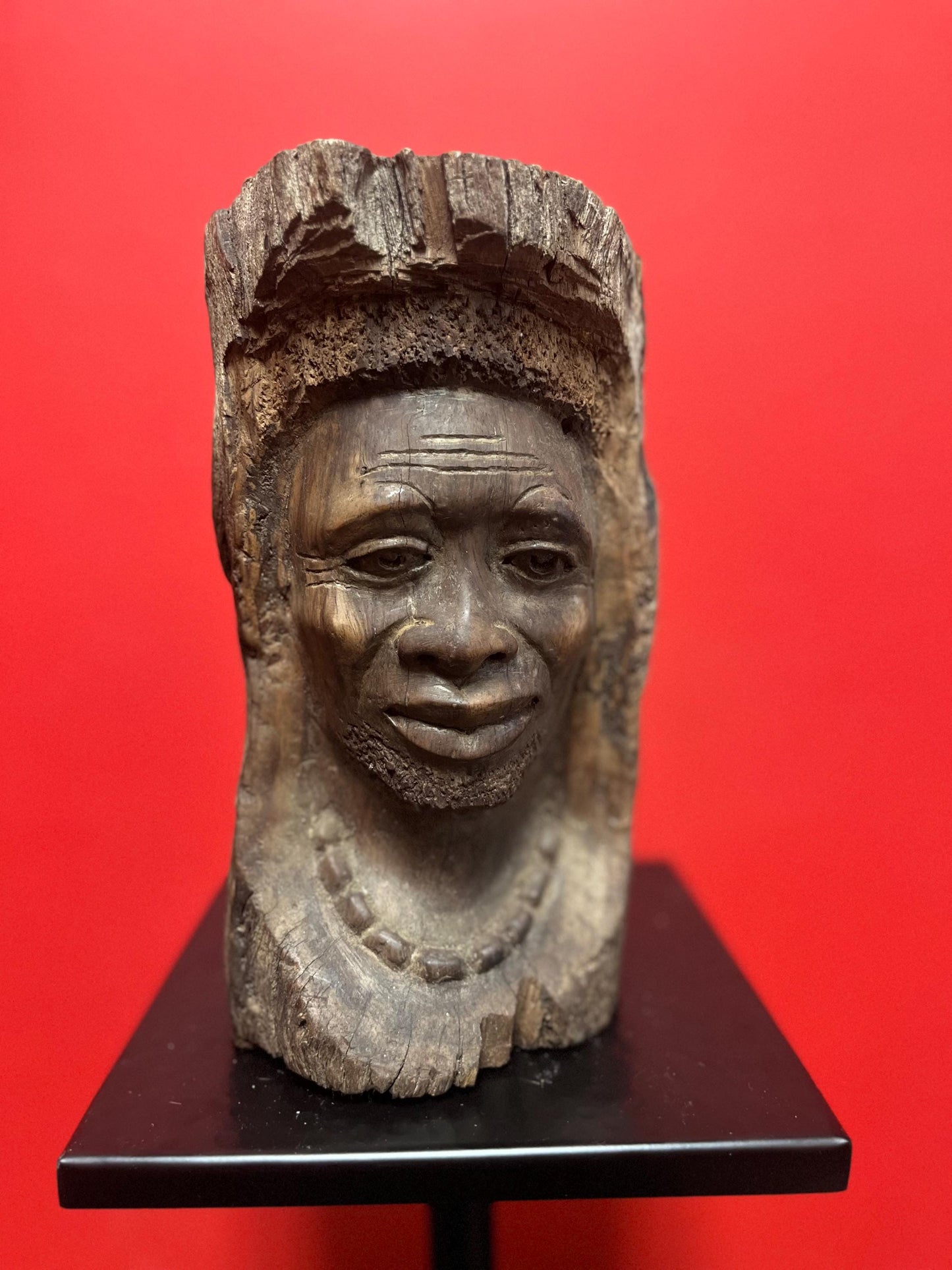 Very early antique African live edge wood bust of a man with necklace wonderful imagery museum quality