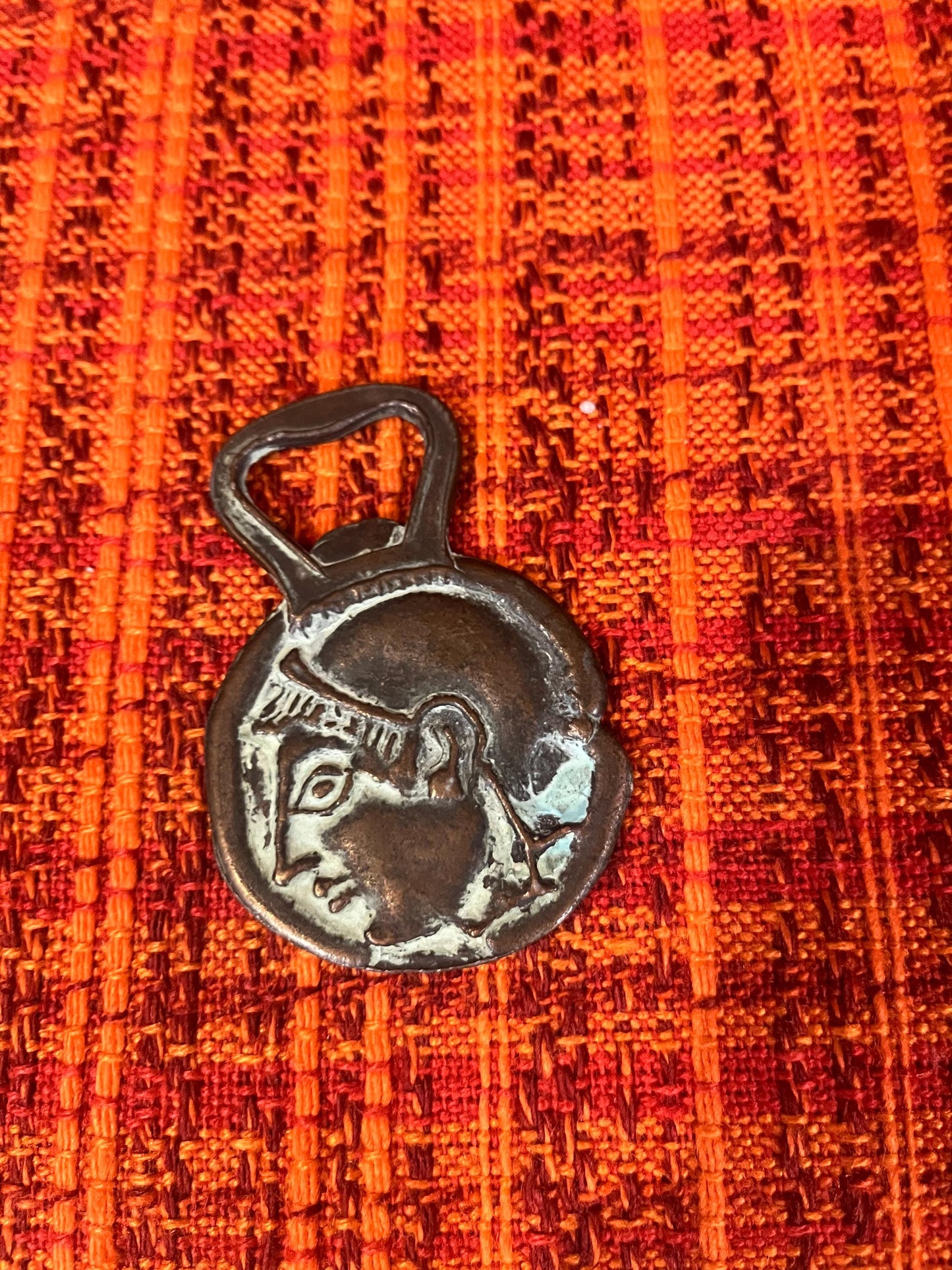 Cool old Roman 3 inch bronze bottle opener owl and Roman head great patina