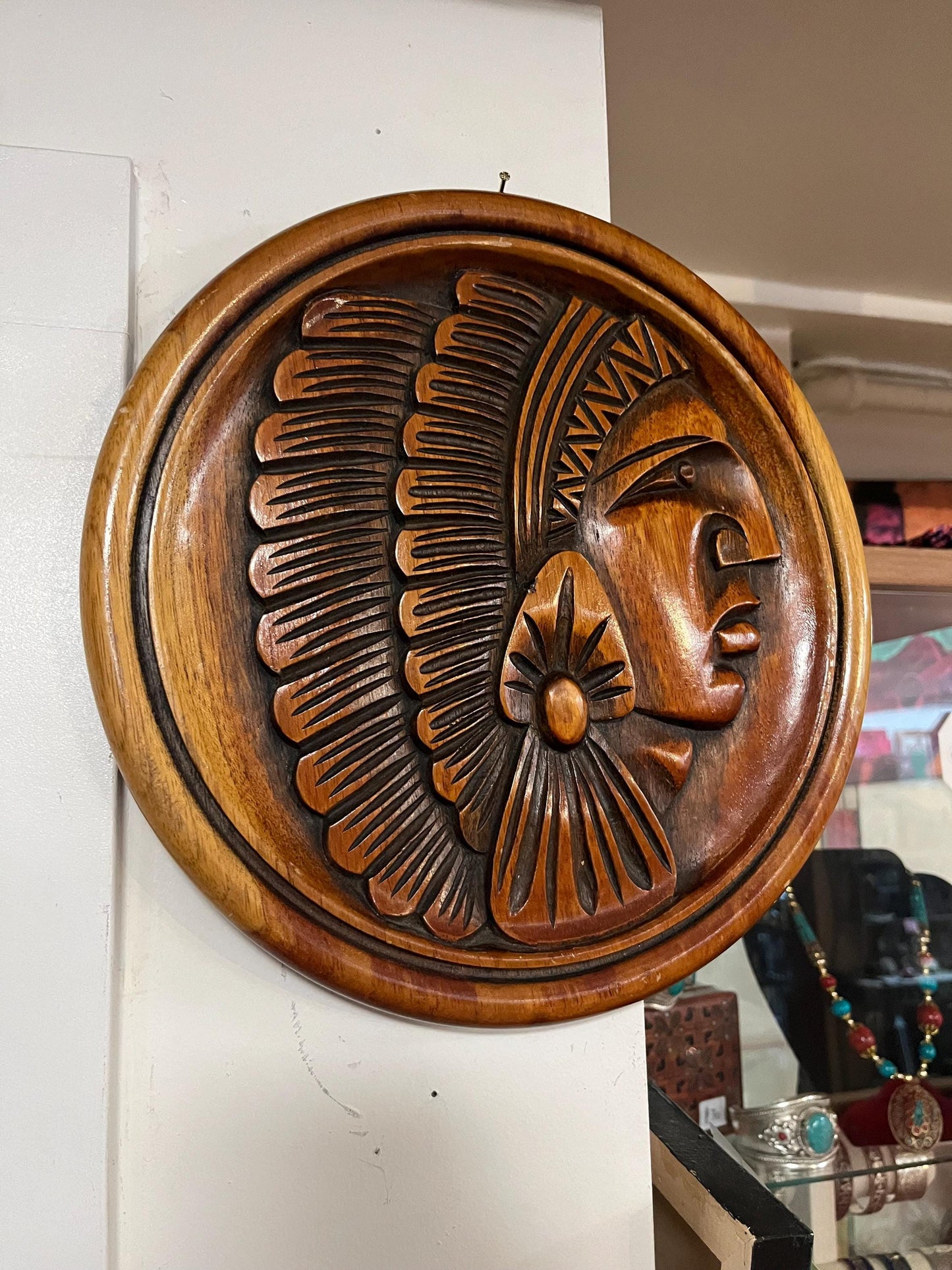 Carved wooden plaque of an Indian chief 11 inches  amazing detail and ready to hang  very good value