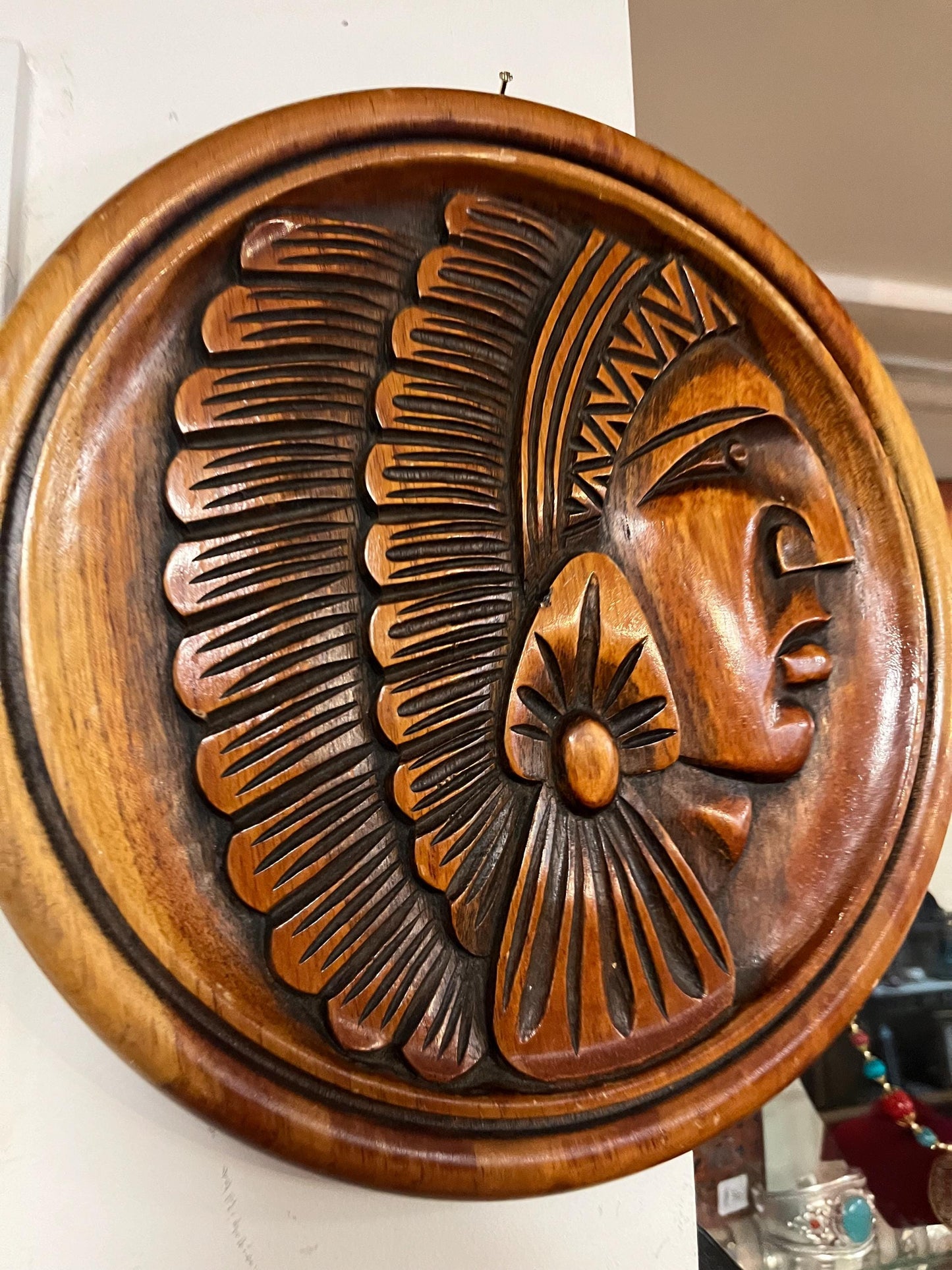 Carved wooden plaque of an Indian chief 11 inches  amazing detail and ready to hang  very good value