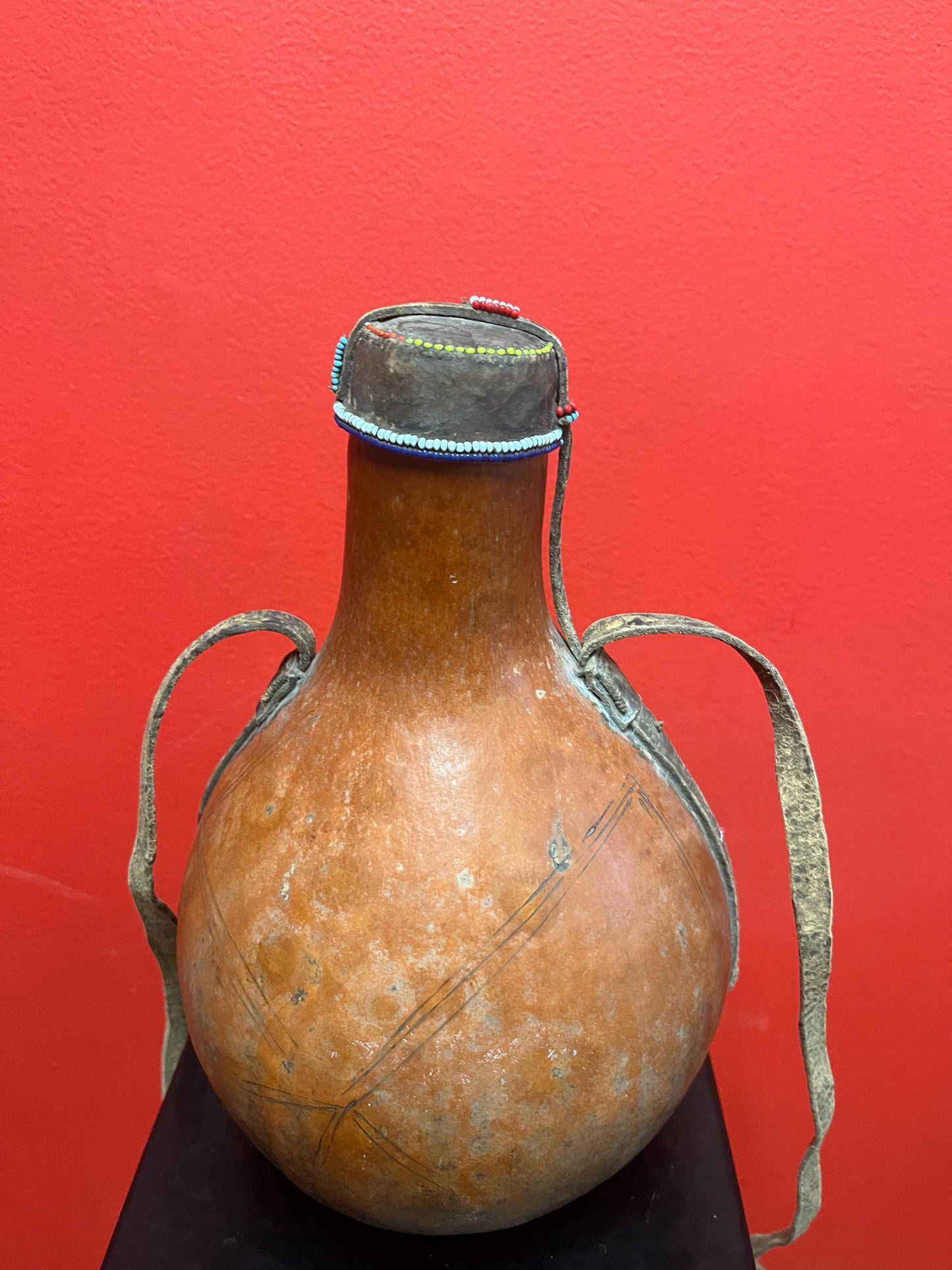Very cool vintage African 10 inch gourd with beaded top great look broken handle value priced
