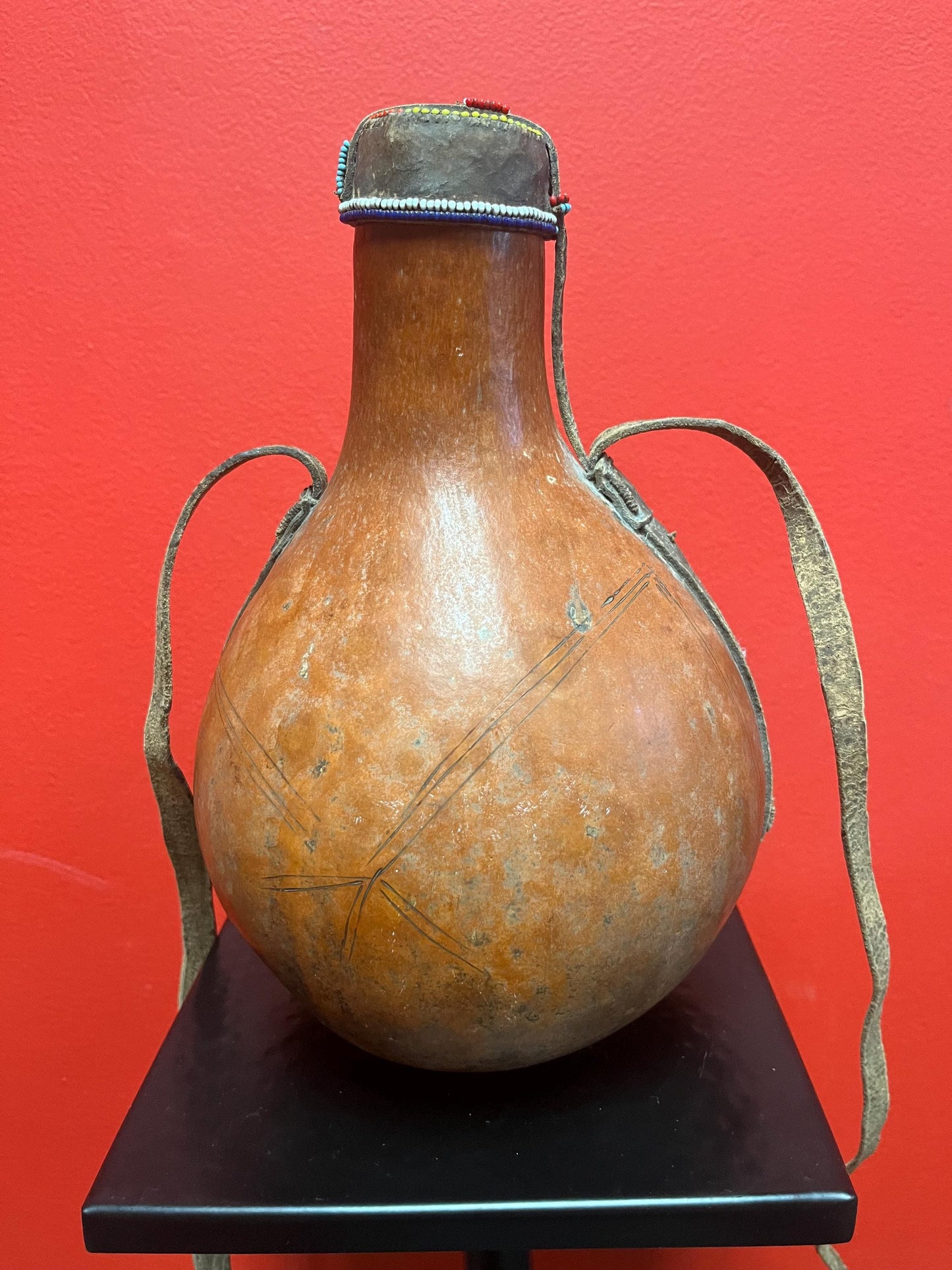 Very cool vintage African 10 inch gourd with beaded top great look broken handle value priced