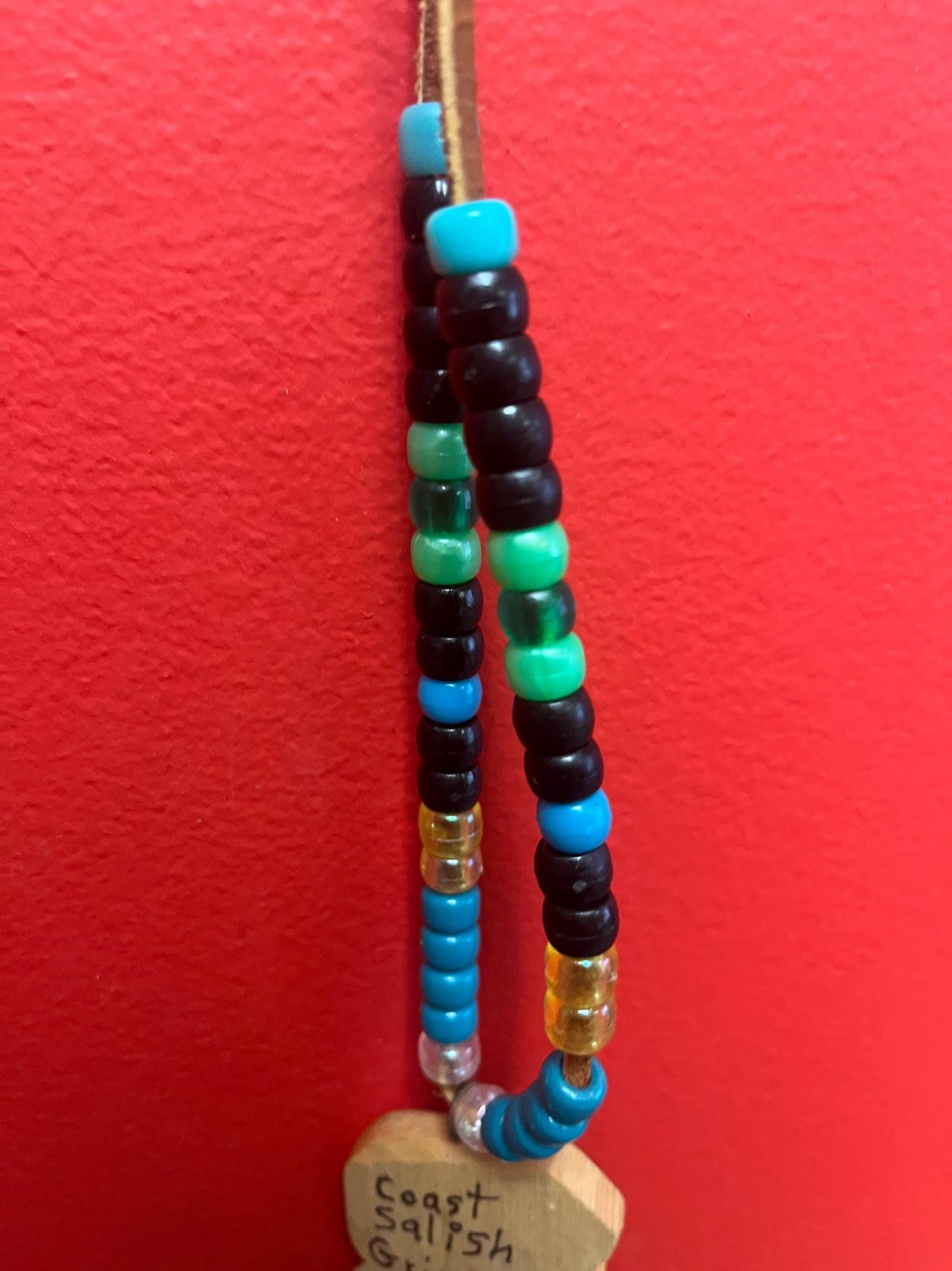 Stunning 5 inch indigenous first nations Pacific northwest Coast signed wooden pendant with 30 inch beaded necklace — wow